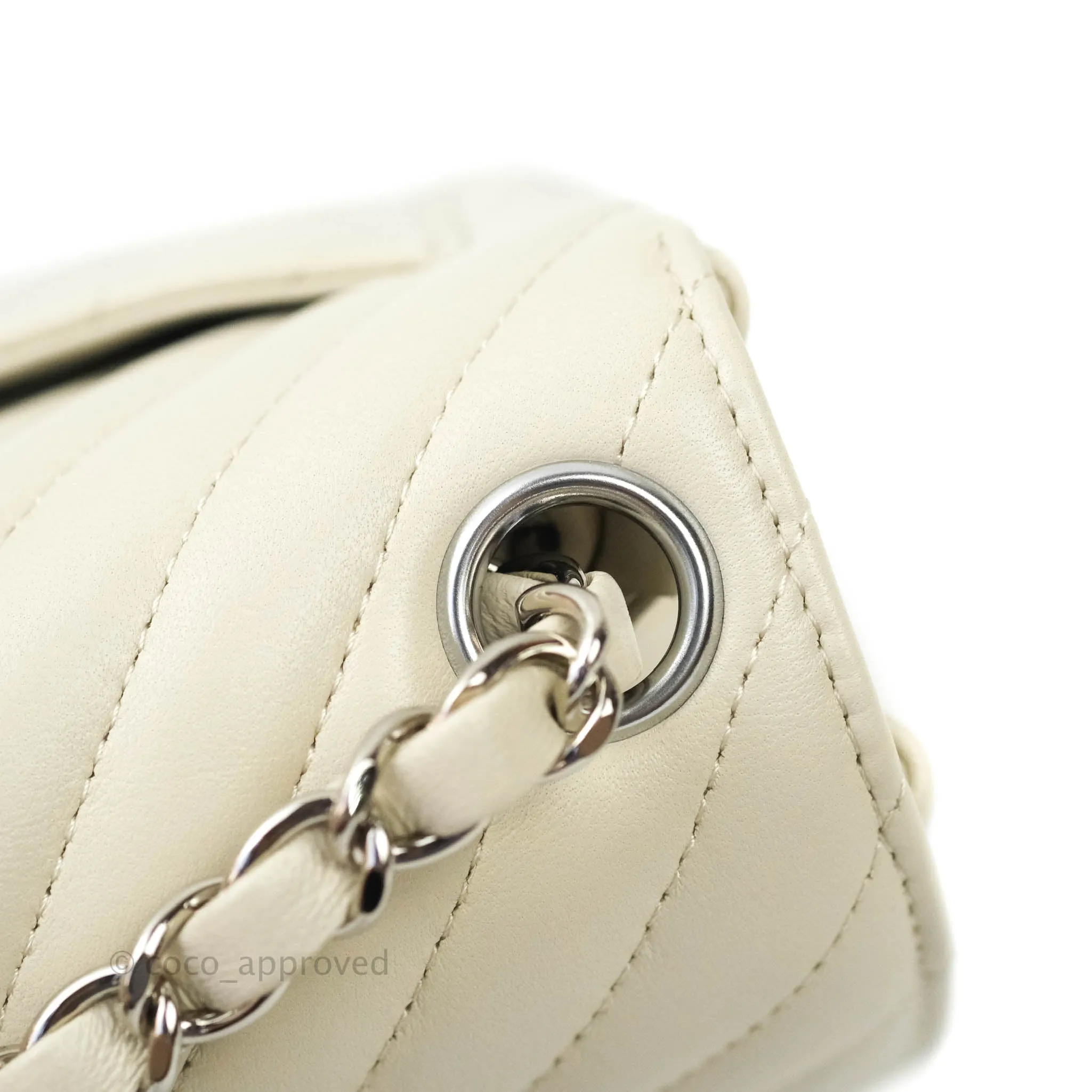 Chanel Mini Square Chevron White Ivory Lambskin Silver Hardware