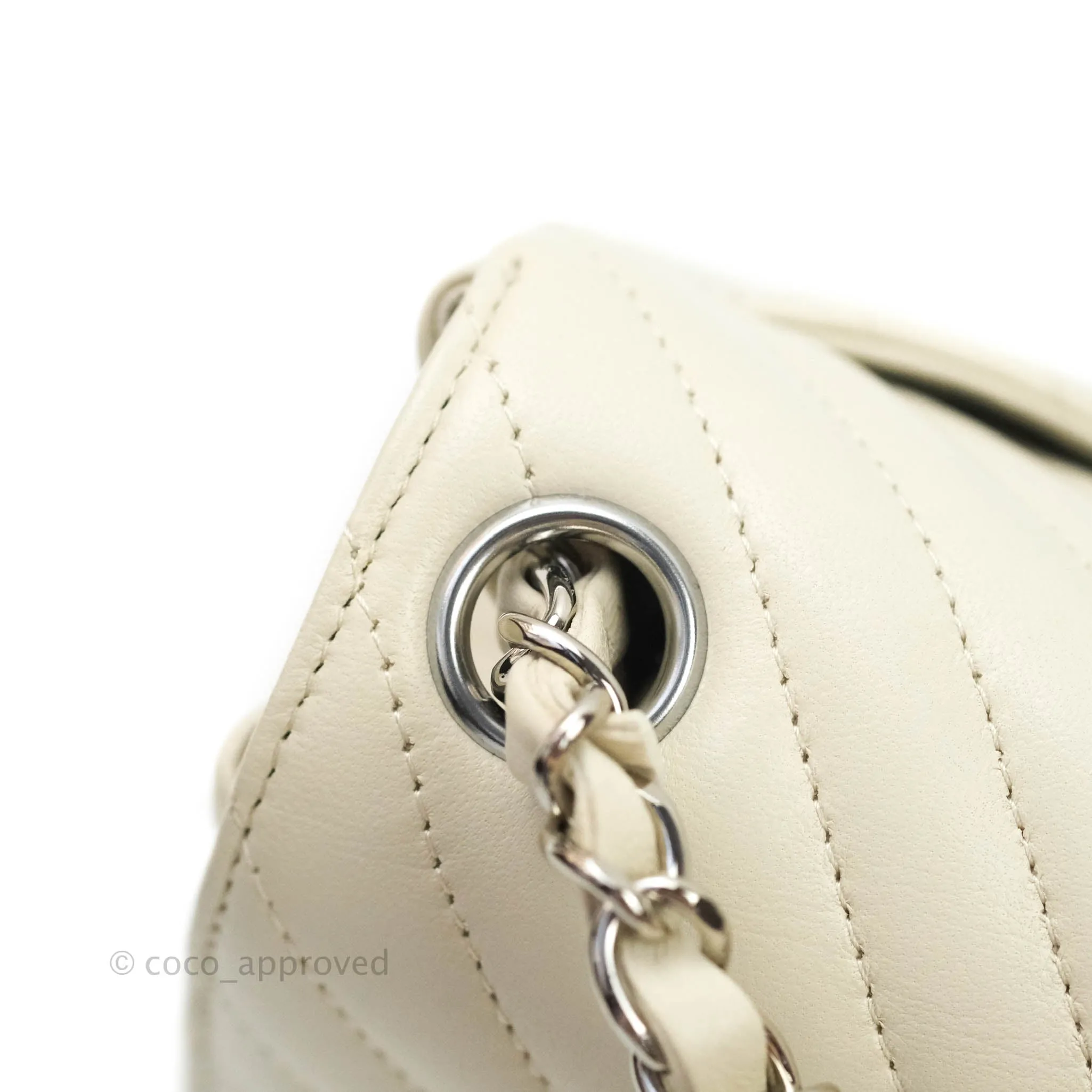 Chanel Mini Square Chevron White Ivory Lambskin Silver Hardware