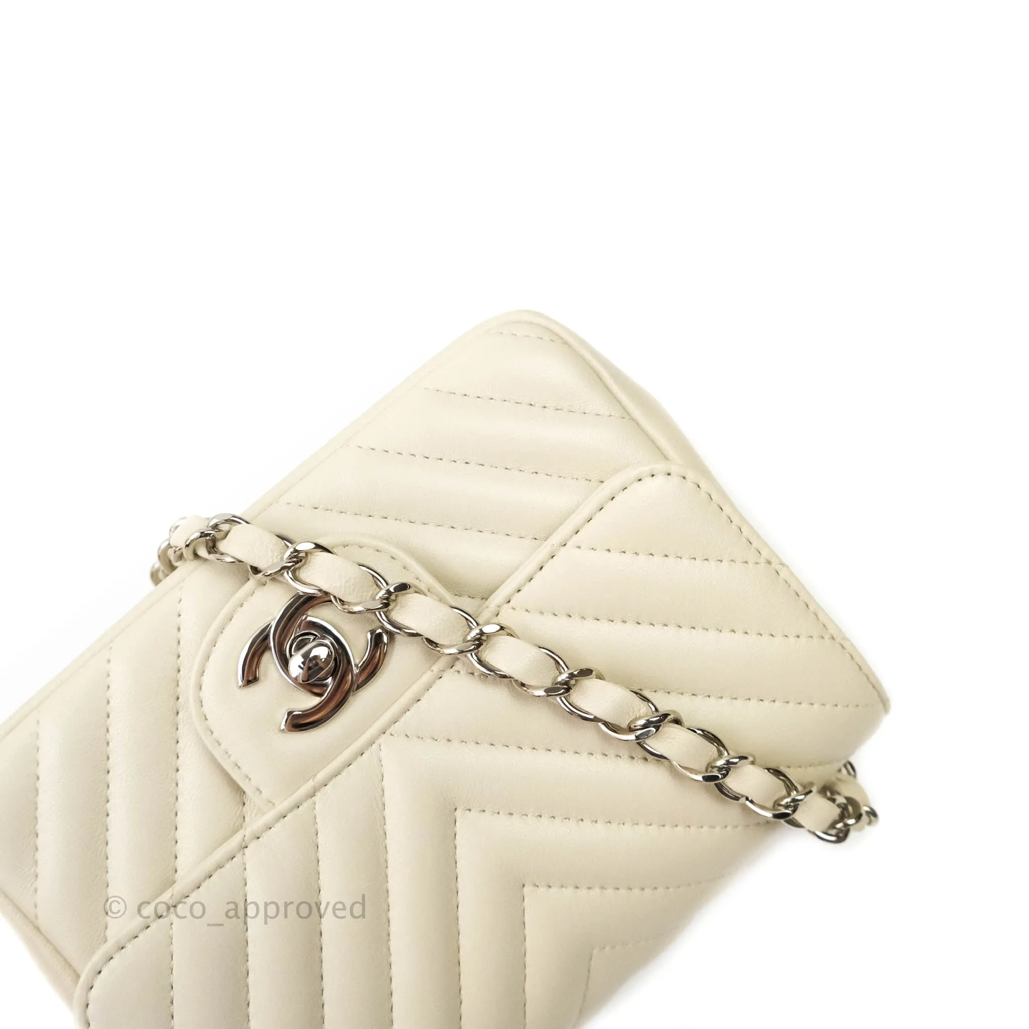 Chanel Mini Square Chevron White Ivory Lambskin Silver Hardware