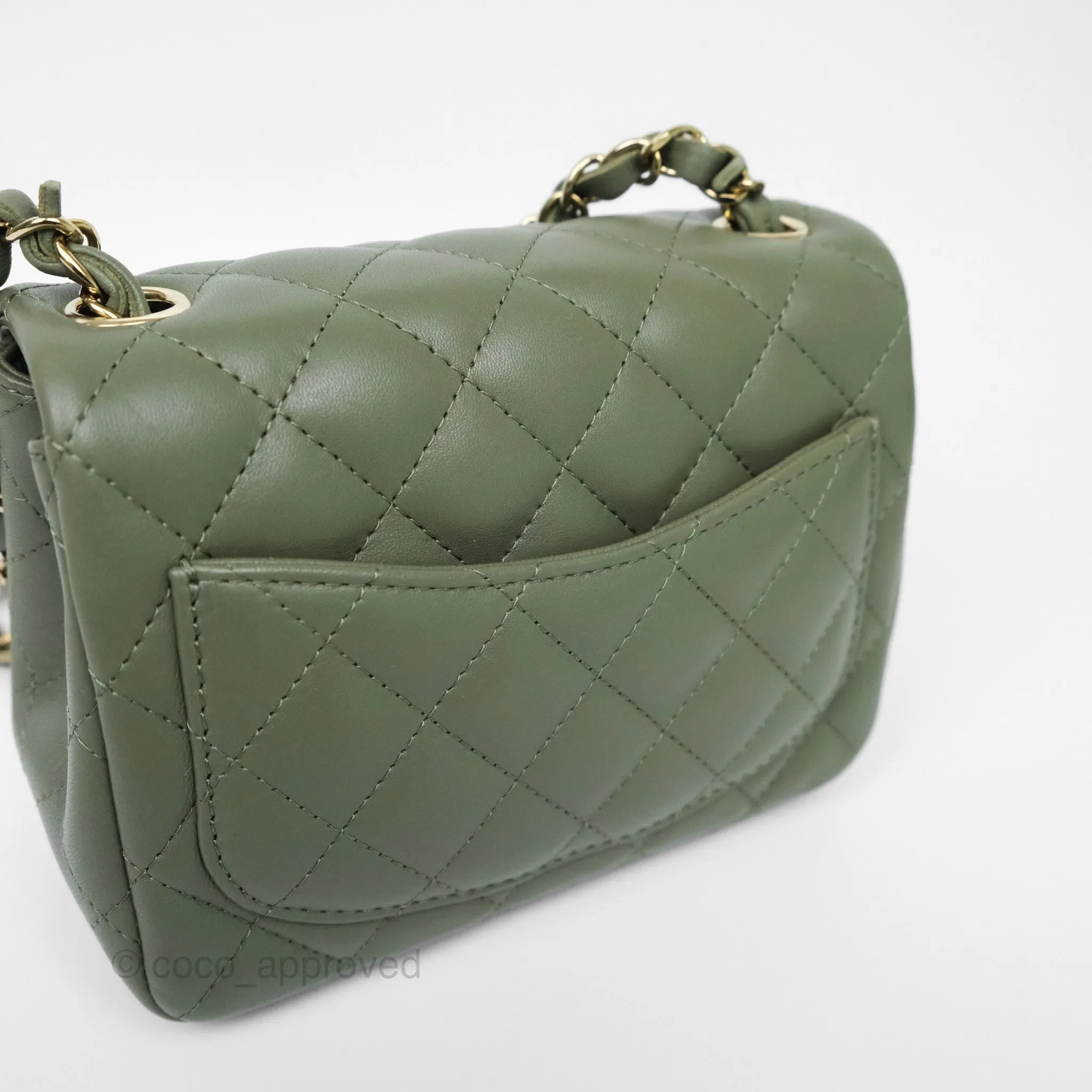 Chanel Mini Square Flap Quilted Olive Green Lambskin Gold Hardware