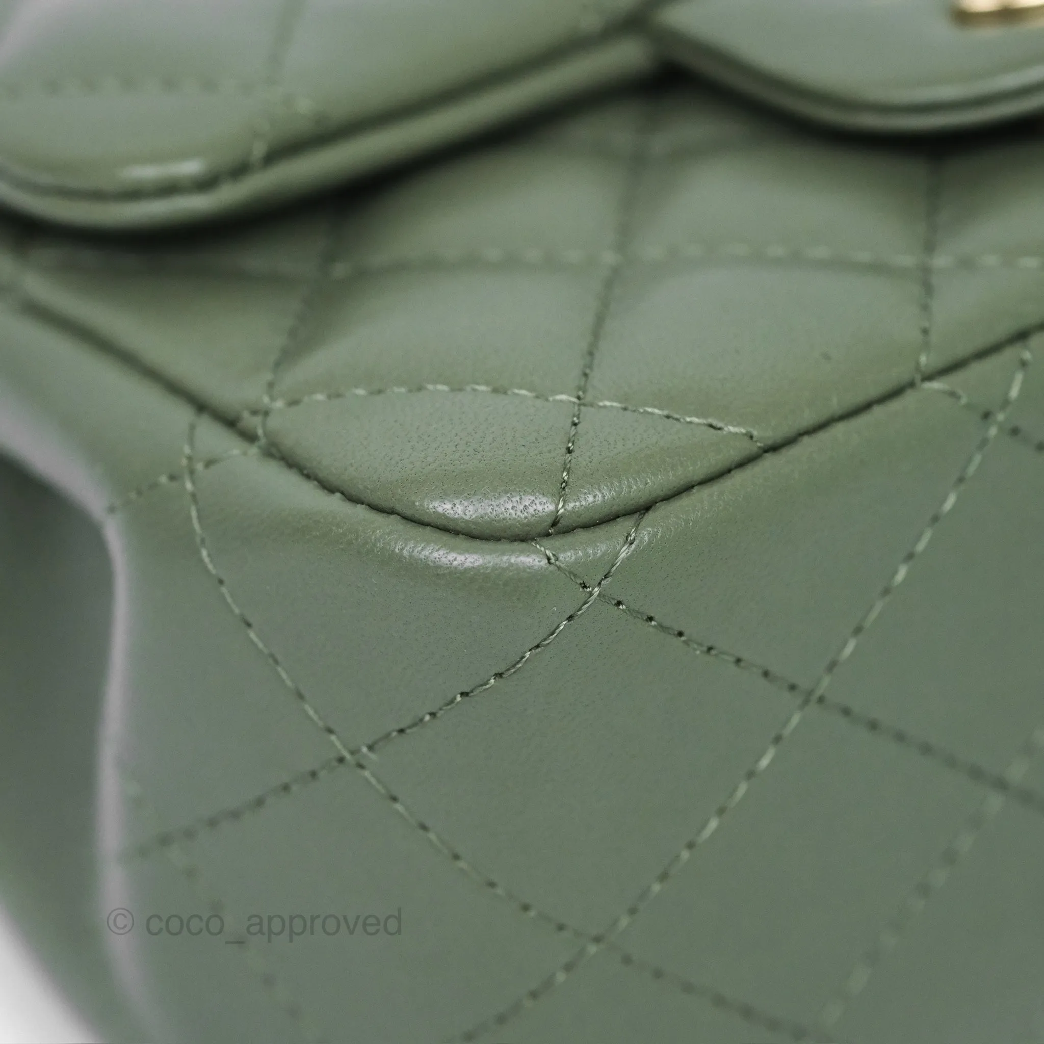 Chanel Mini Square Flap Quilted Olive Green Lambskin Gold Hardware