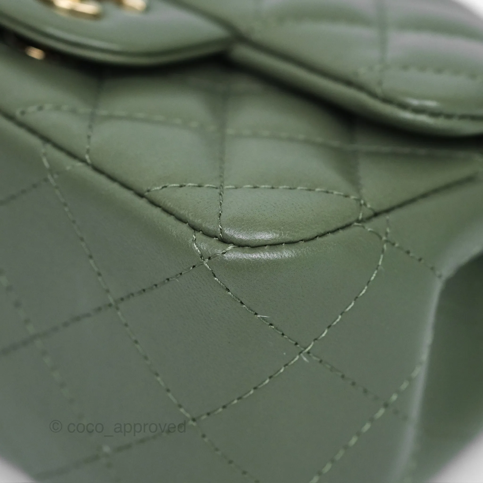 Chanel Mini Square Flap Quilted Olive Green Lambskin Gold Hardware