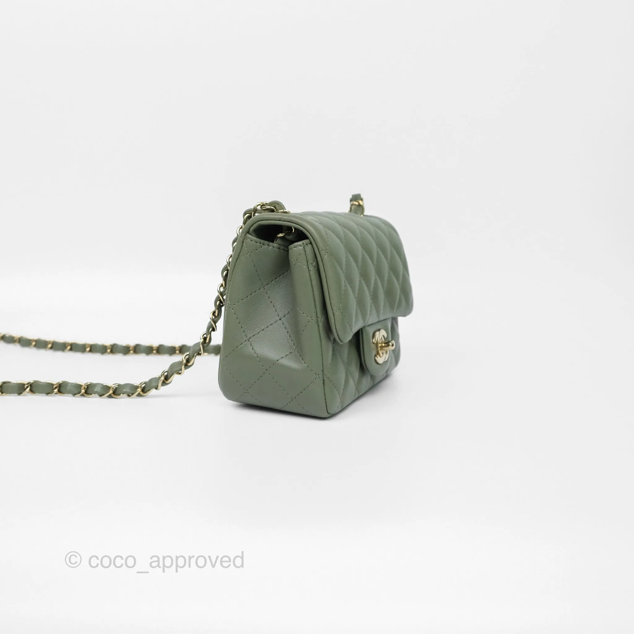 Chanel Mini Square Flap Quilted Olive Green Lambskin Gold Hardware