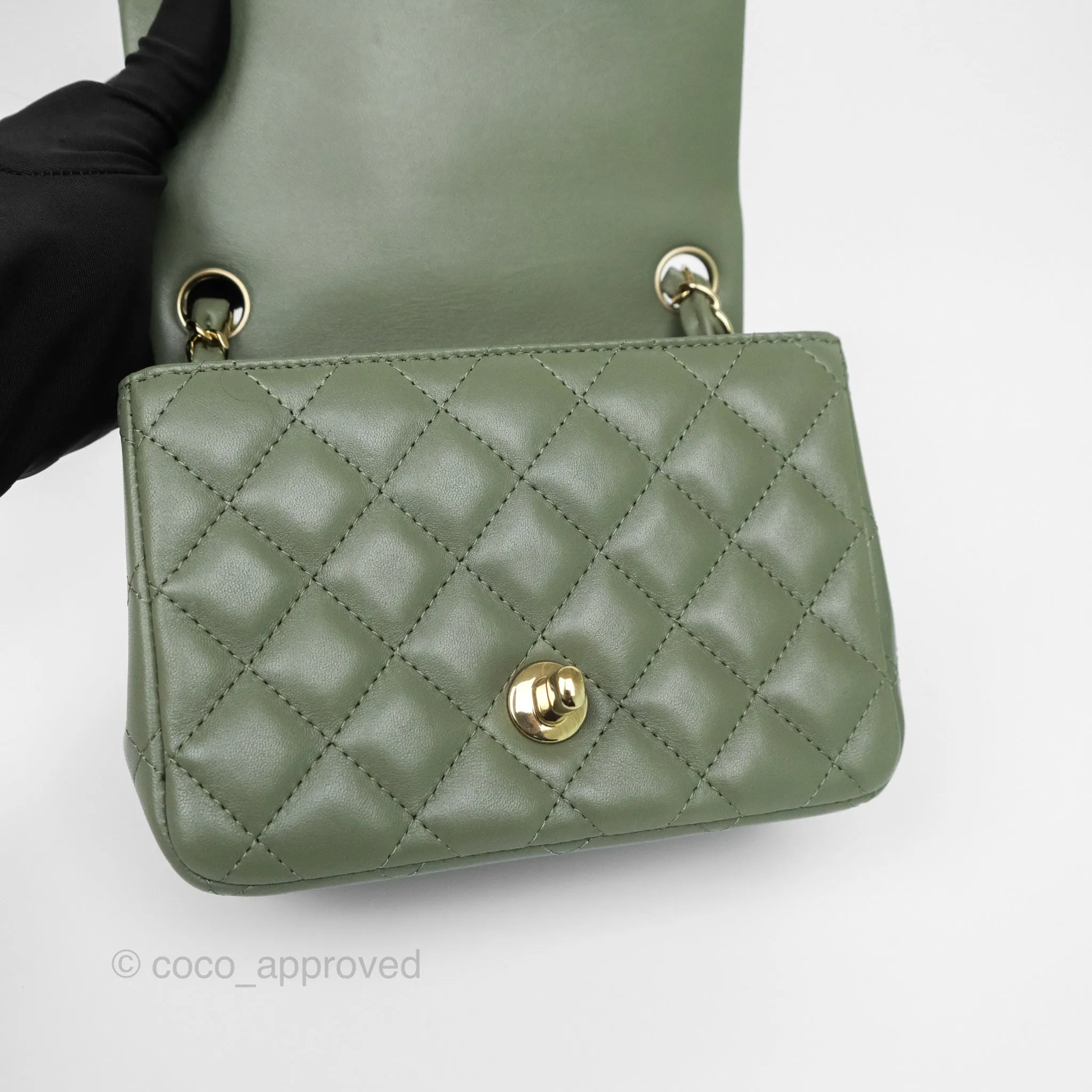 Chanel Mini Square Flap Quilted Olive Green Lambskin Gold Hardware