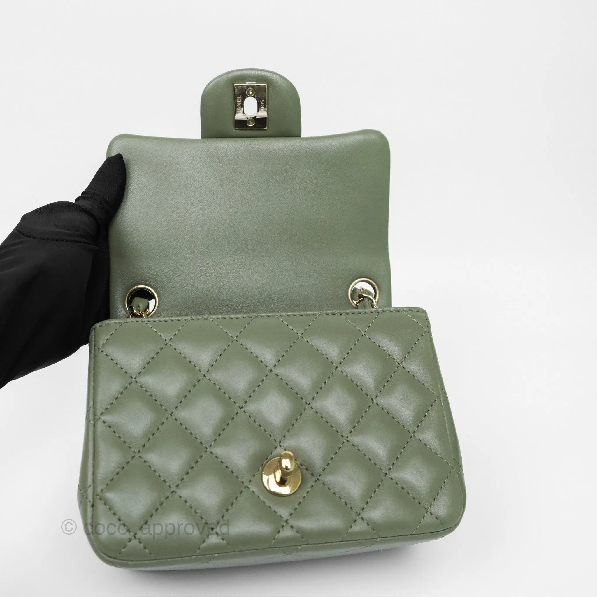 Chanel Mini Square Flap Quilted Olive Green Lambskin Gold Hardware