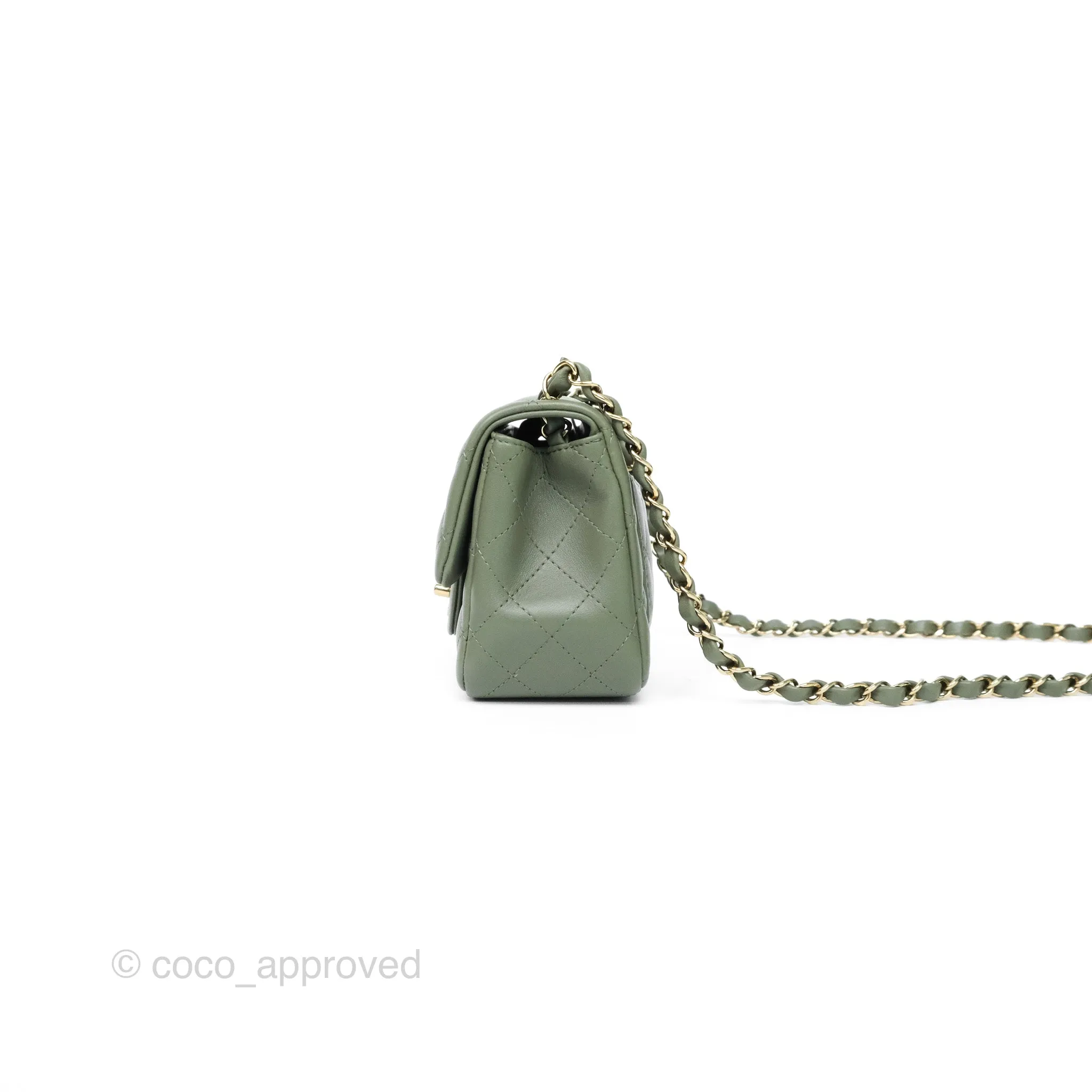 Chanel Mini Square Flap Quilted Olive Green Lambskin Gold Hardware