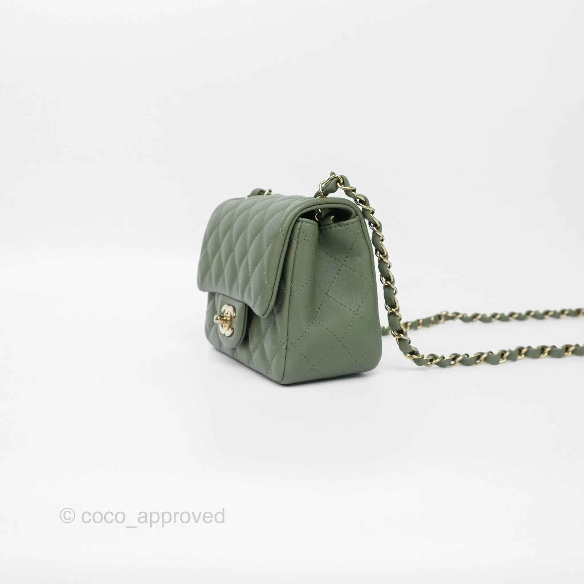 Chanel Mini Square Flap Quilted Olive Green Lambskin Gold Hardware