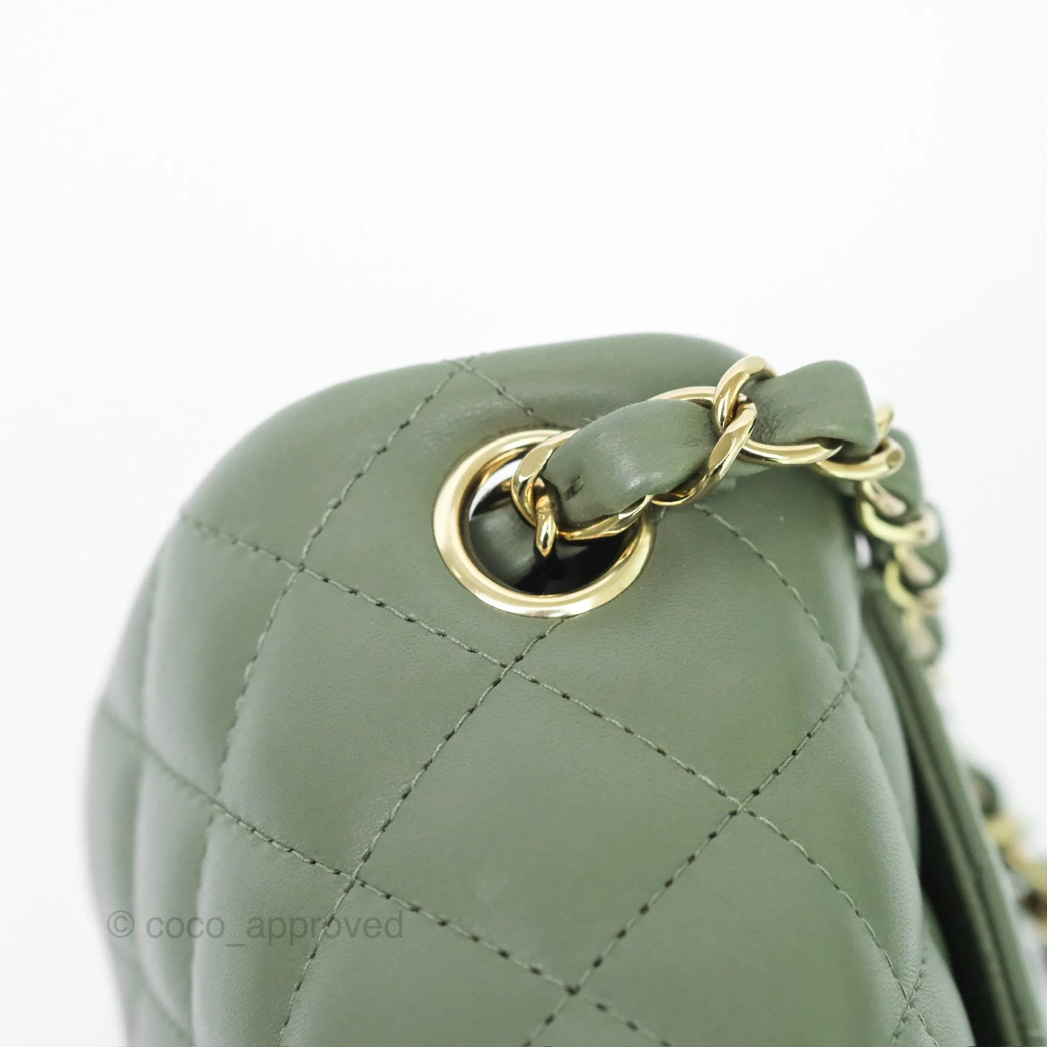 Chanel Mini Square Flap Quilted Olive Green Lambskin Gold Hardware