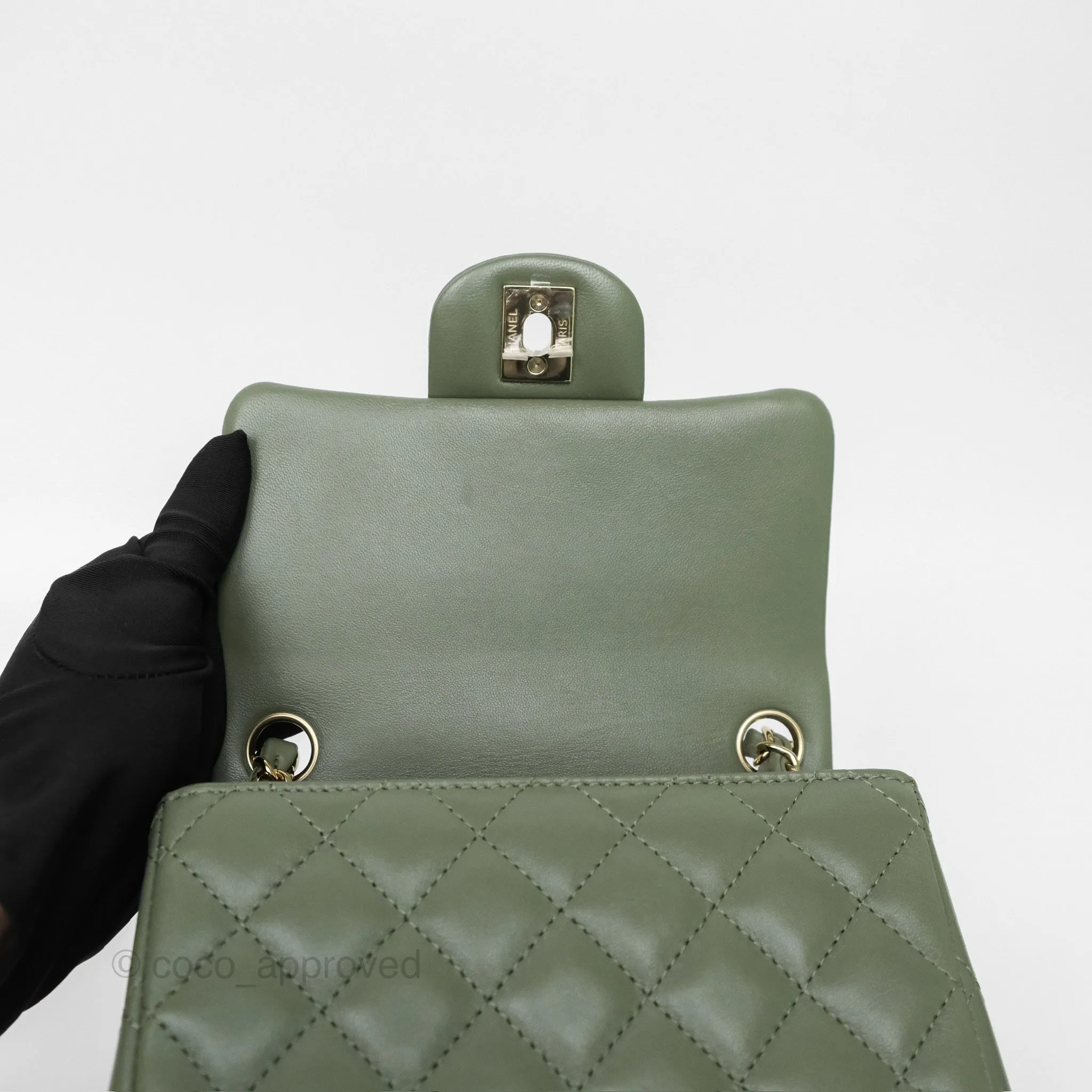 Chanel Mini Square Flap Quilted Olive Green Lambskin Gold Hardware