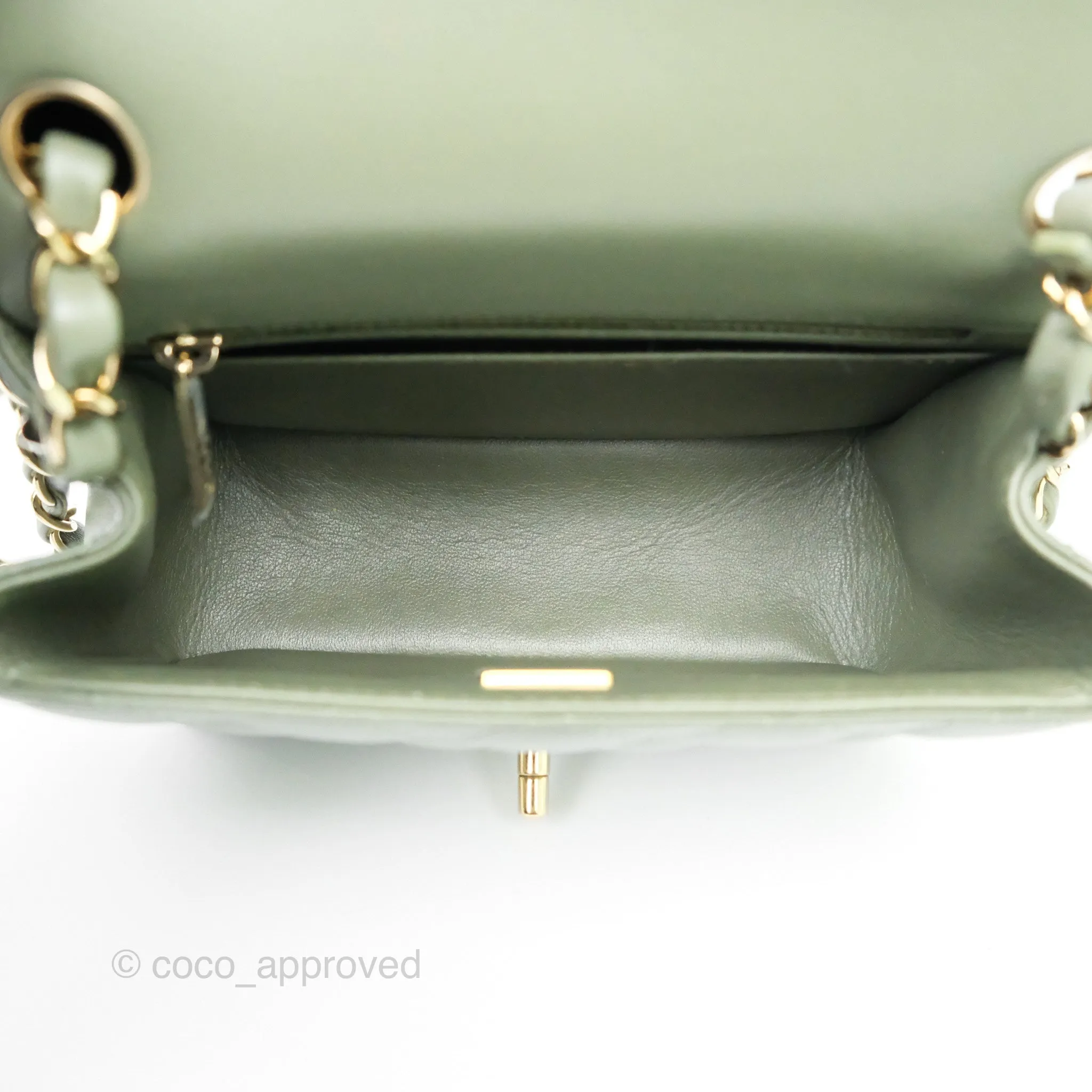 Chanel Mini Square Flap Quilted Olive Green Lambskin Gold Hardware