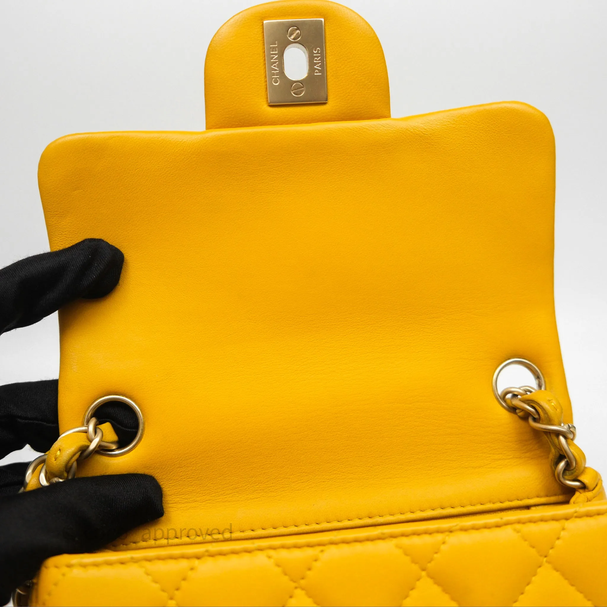 Chanel Mini Square Flap Quilted Yellow Lambskin Gold Hardware