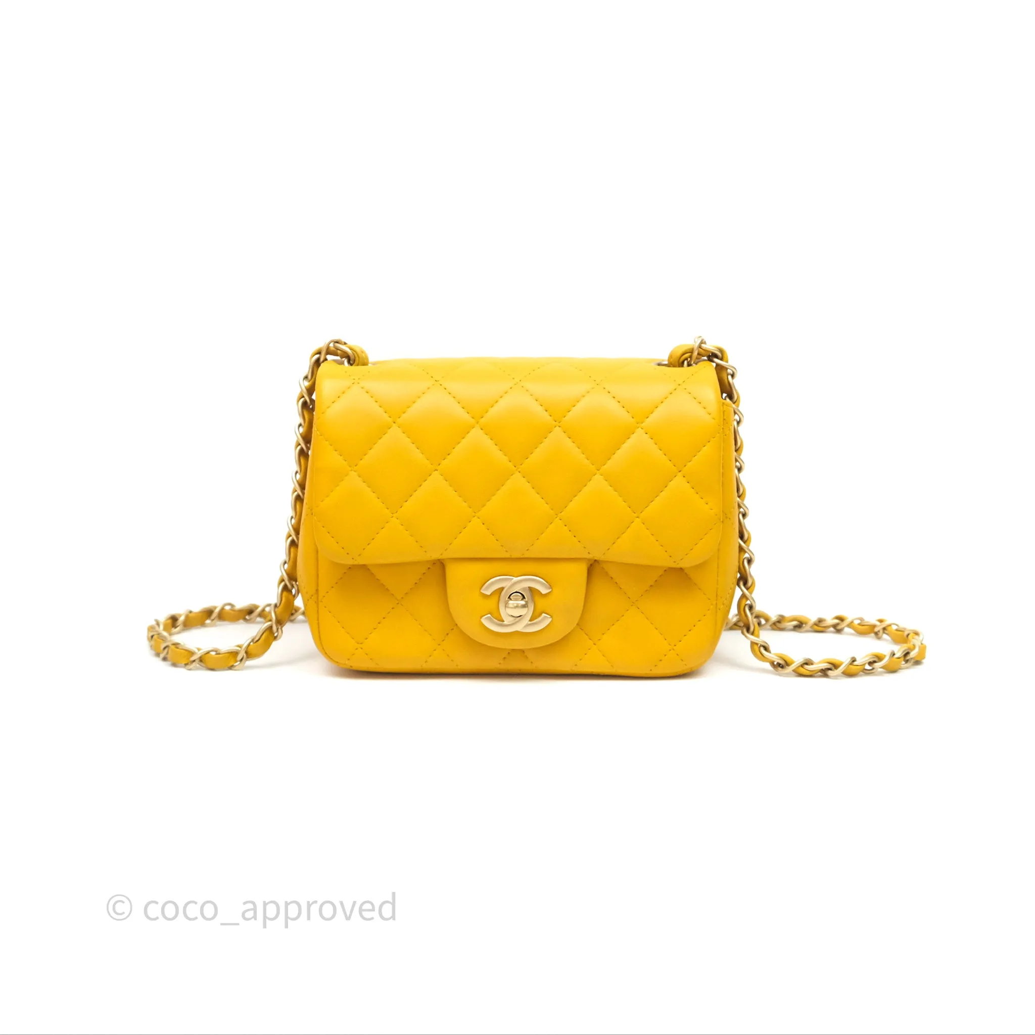 Chanel Mini Square Flap Quilted Yellow Lambskin Gold Hardware