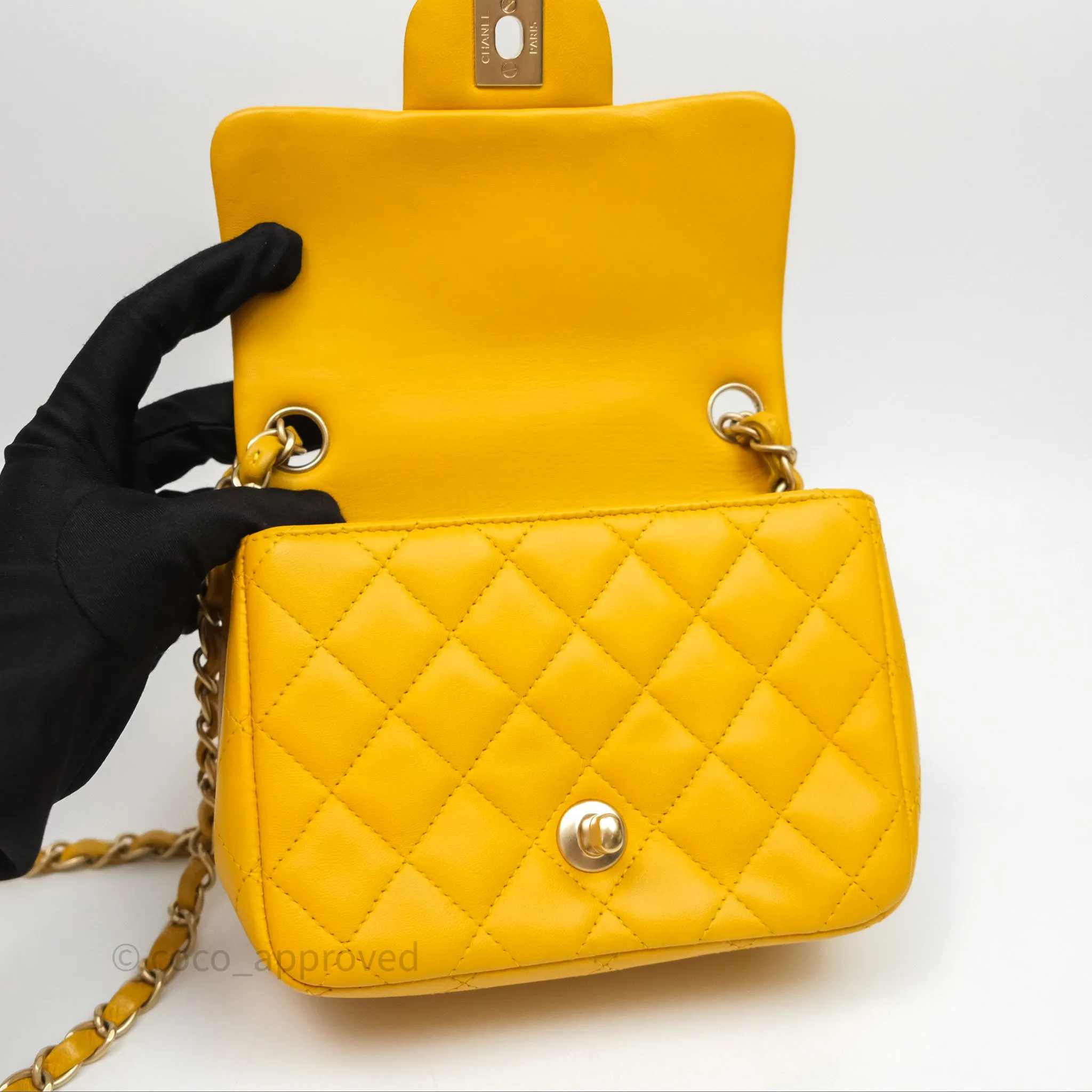 Chanel Mini Square Flap Quilted Yellow Lambskin Gold Hardware