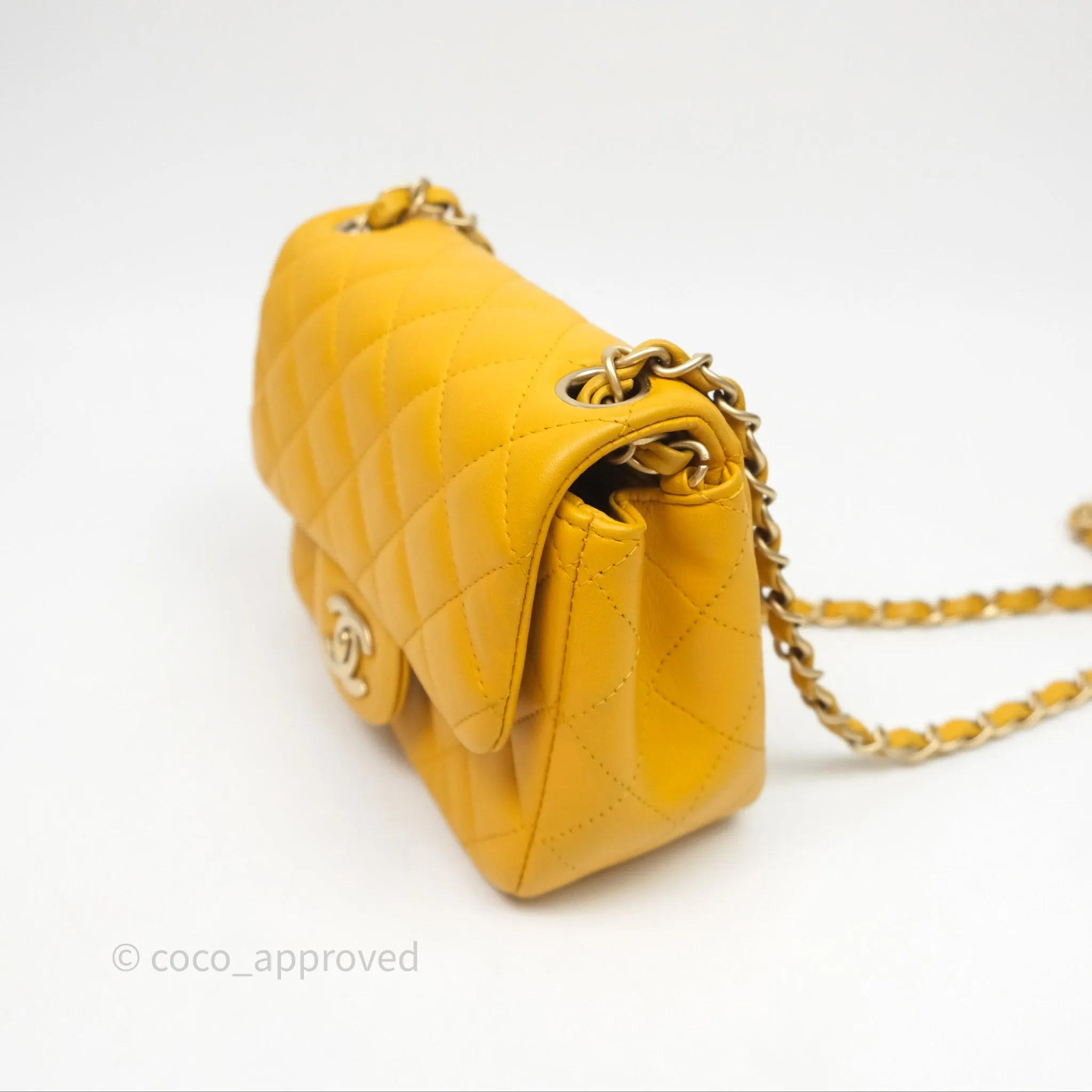 Chanel Mini Square Flap Quilted Yellow Lambskin Gold Hardware