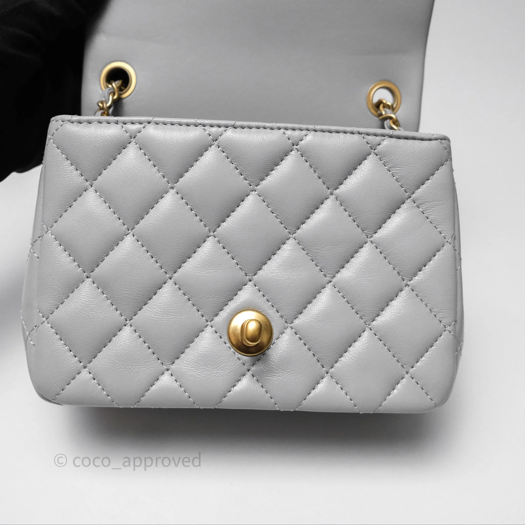 Chanel Mini Square Pearl Crush Quilted Grey Lambskin Aged Gold Hardware