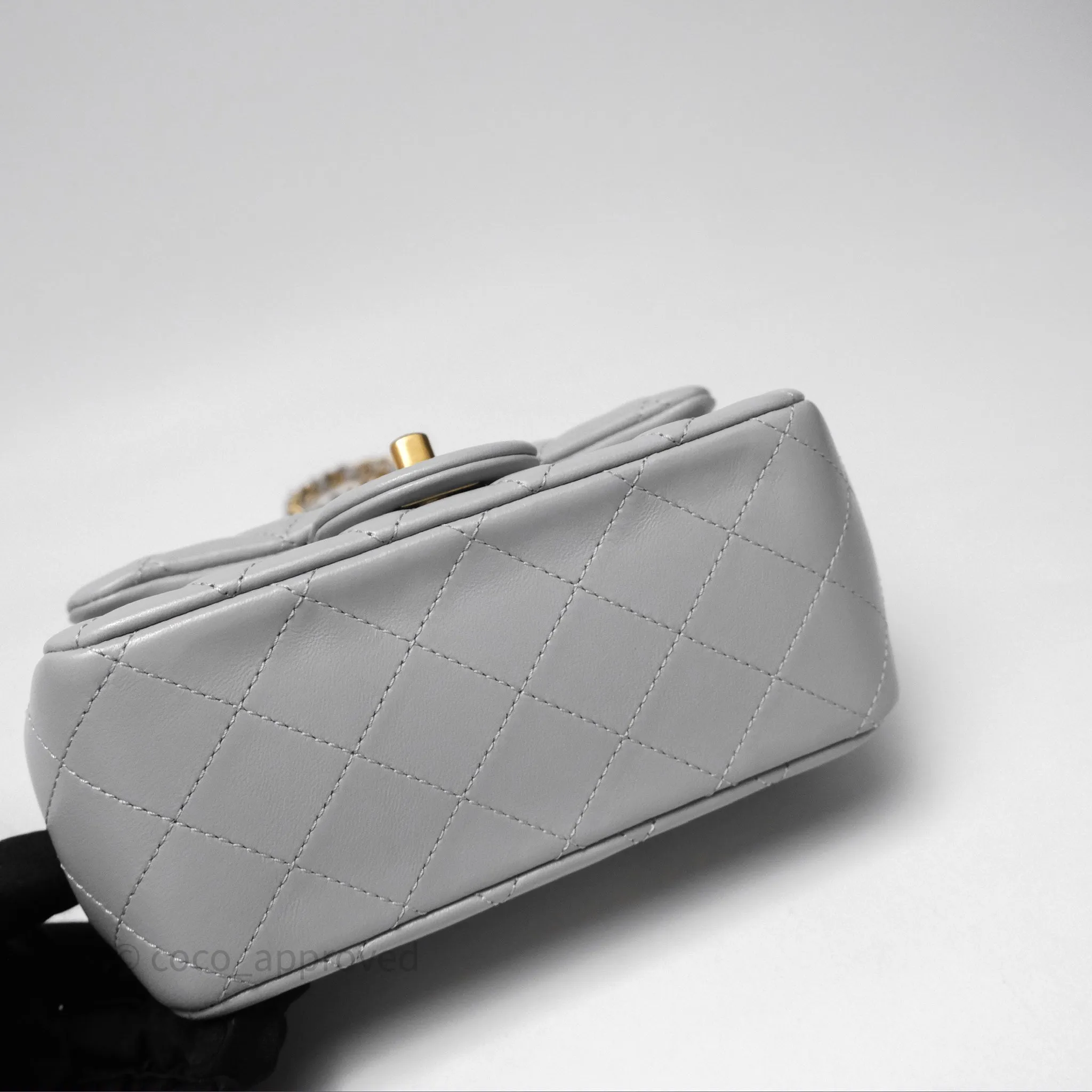 Chanel Mini Square Pearl Crush Quilted Grey Lambskin Aged Gold Hardware