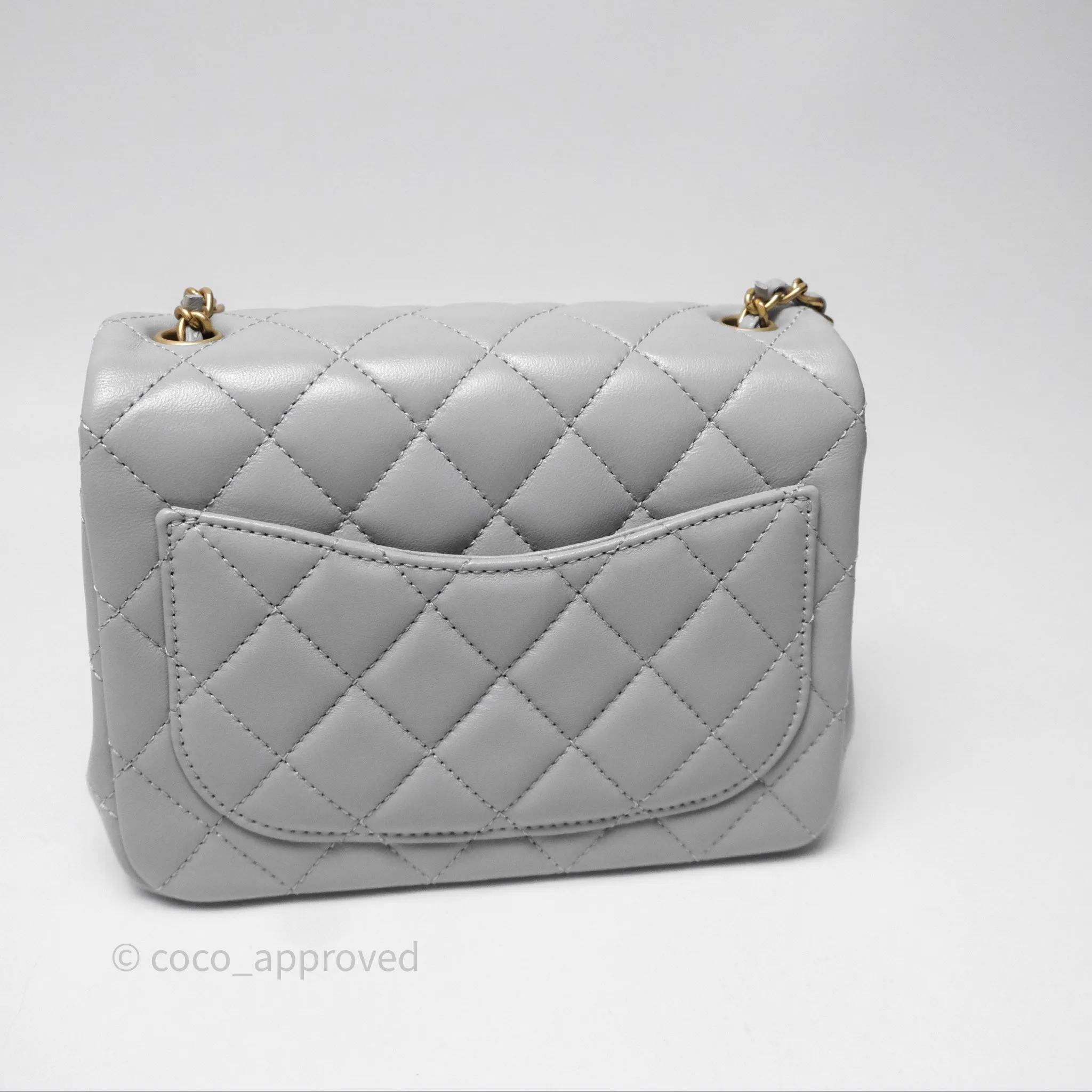 Chanel Mini Square Pearl Crush Quilted Grey Lambskin Aged Gold Hardware