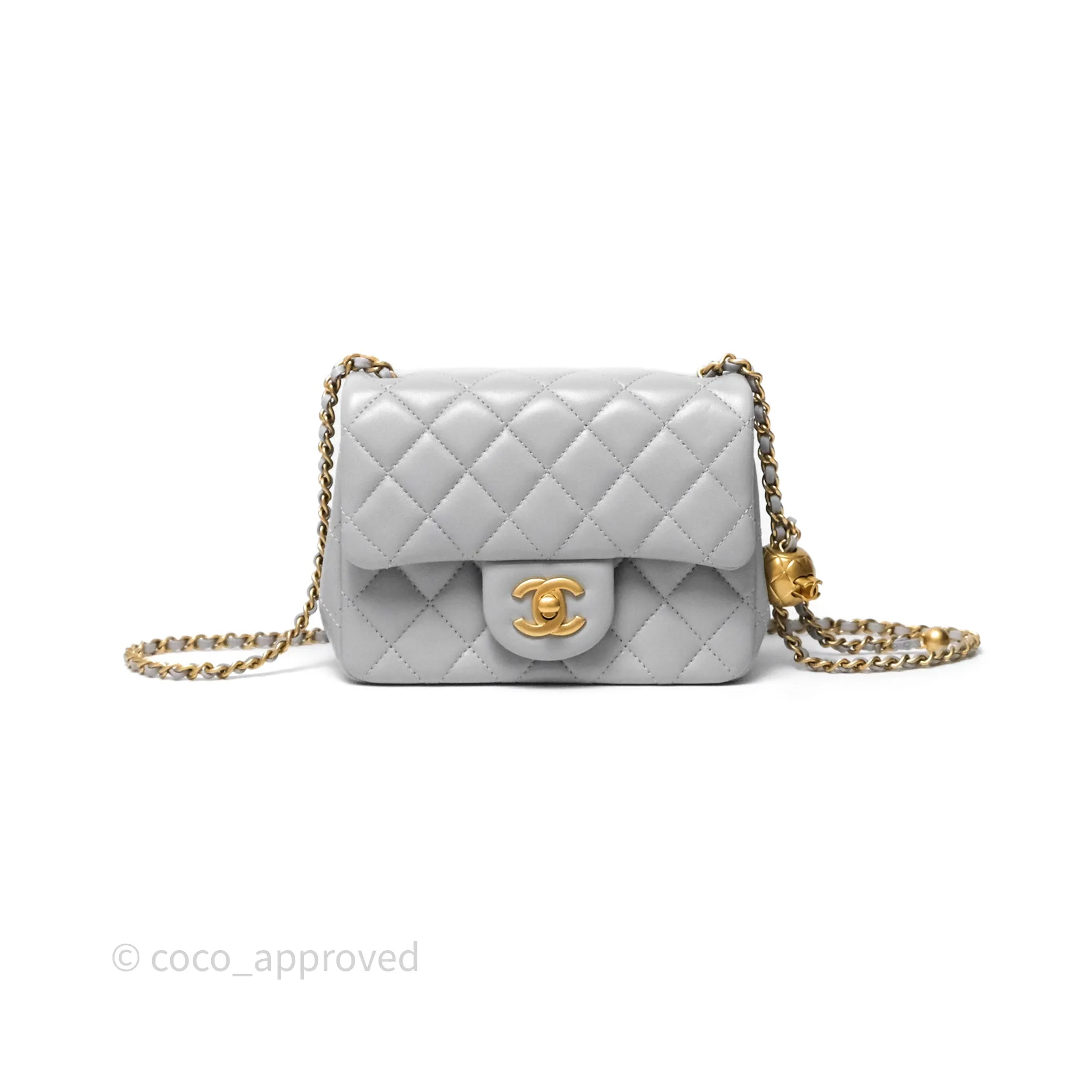Chanel Mini Square Pearl Crush Quilted Grey Lambskin Aged Gold Hardware