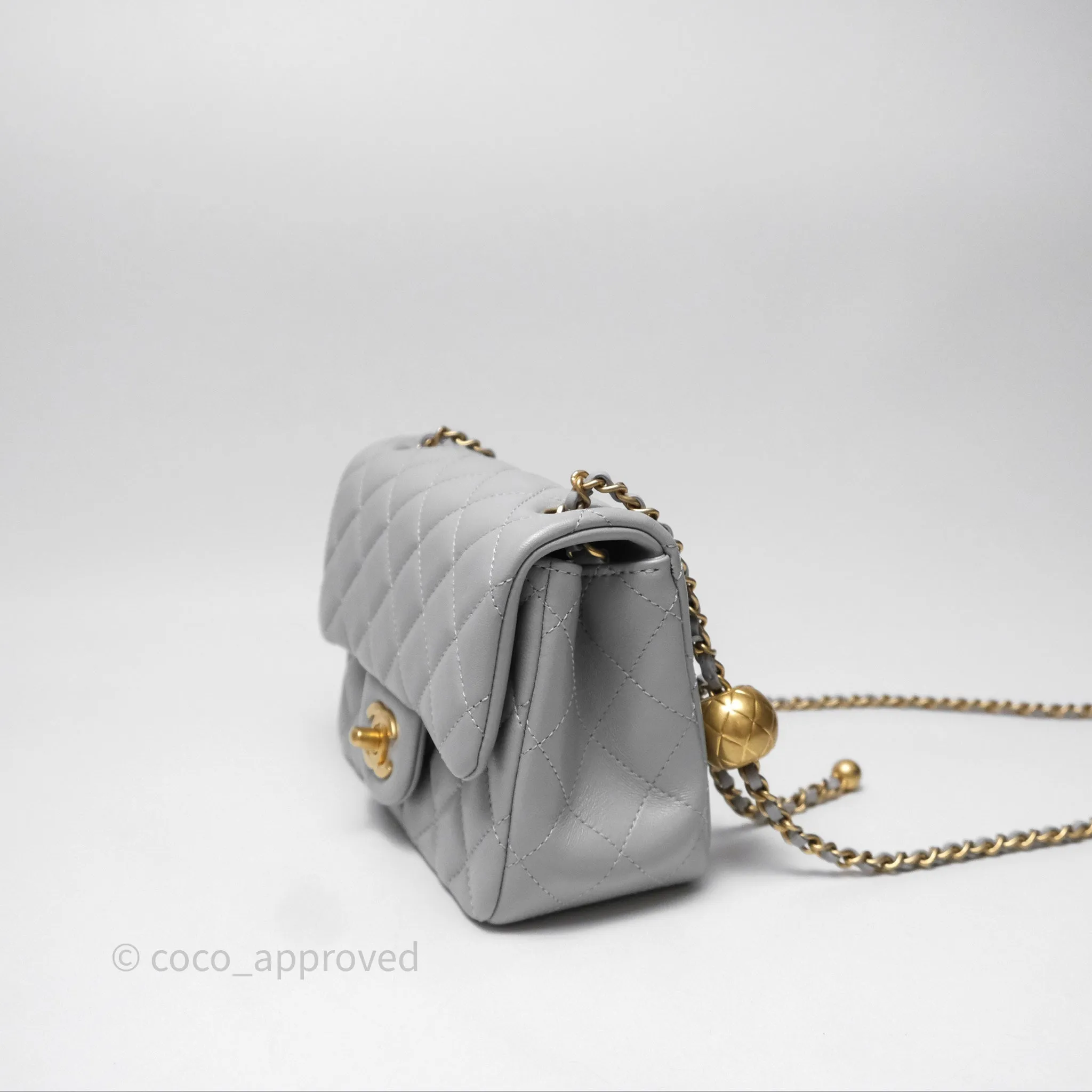 Chanel Mini Square Pearl Crush Quilted Grey Lambskin Aged Gold Hardware