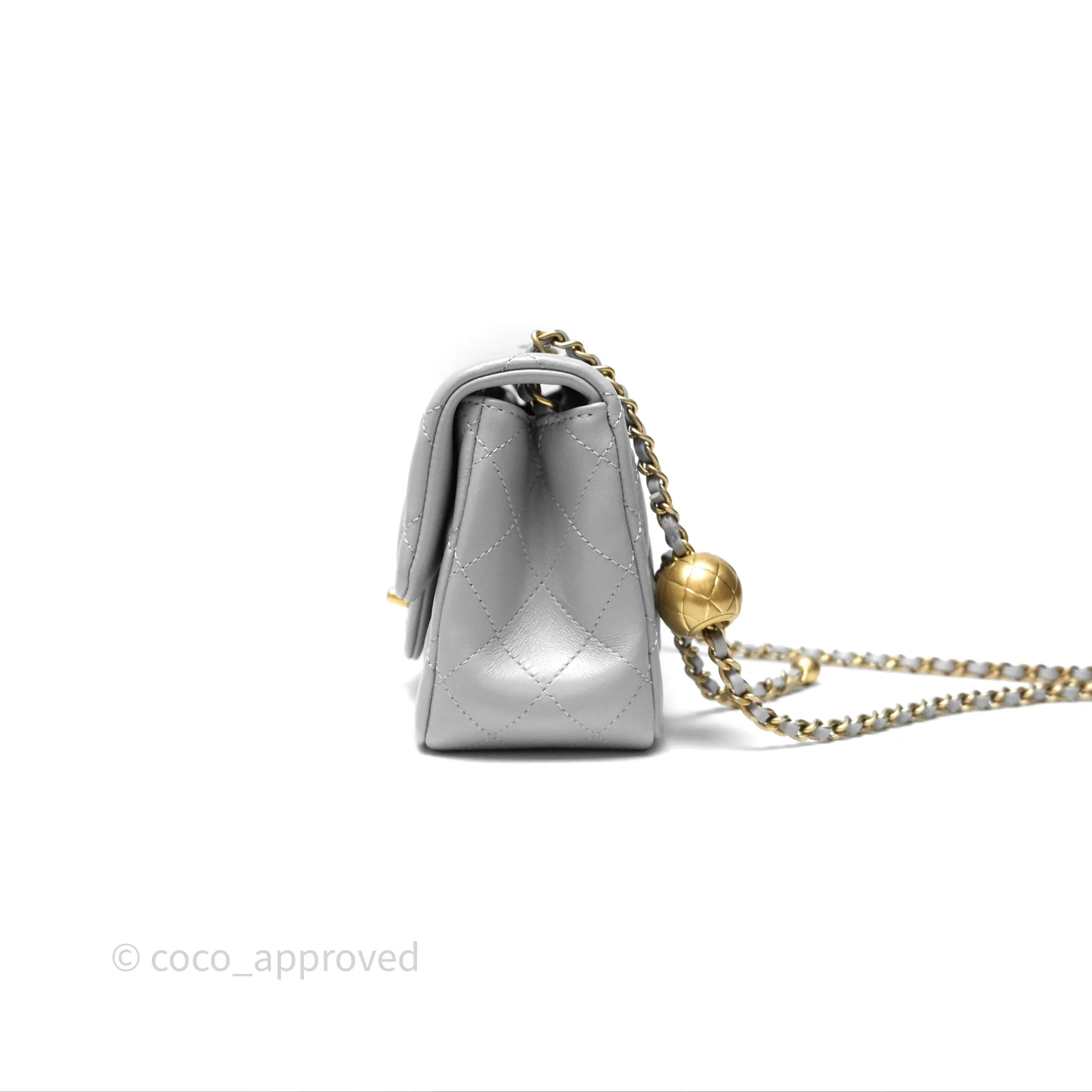 Chanel Mini Square Pearl Crush Quilted Grey Lambskin Aged Gold Hardware