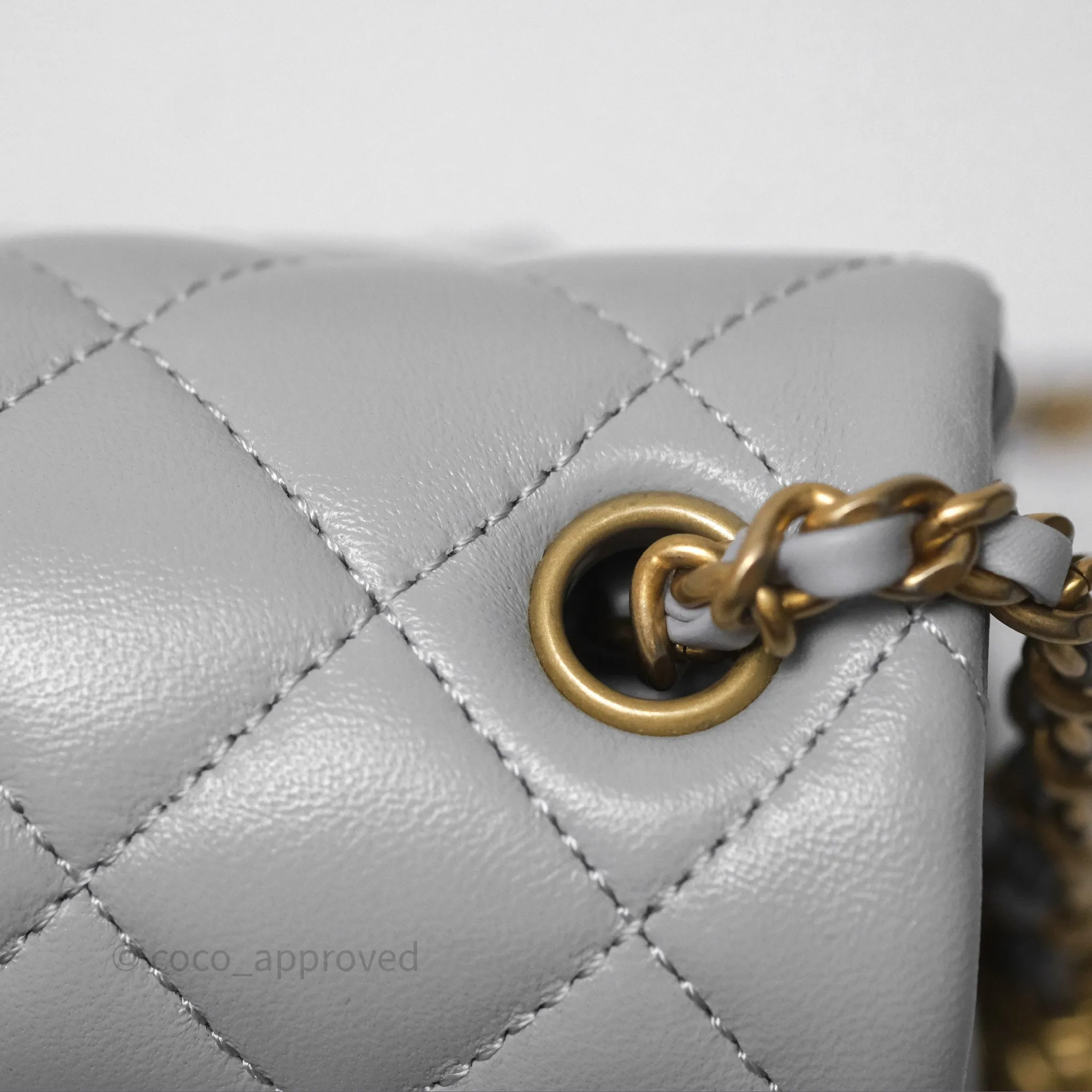 Chanel Mini Square Pearl Crush Quilted Grey Lambskin Aged Gold Hardware