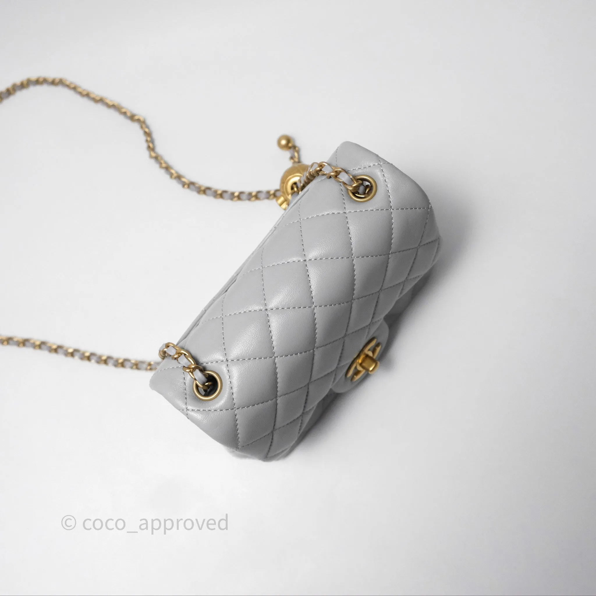 Chanel Mini Square Pearl Crush Quilted Grey Lambskin Aged Gold Hardware