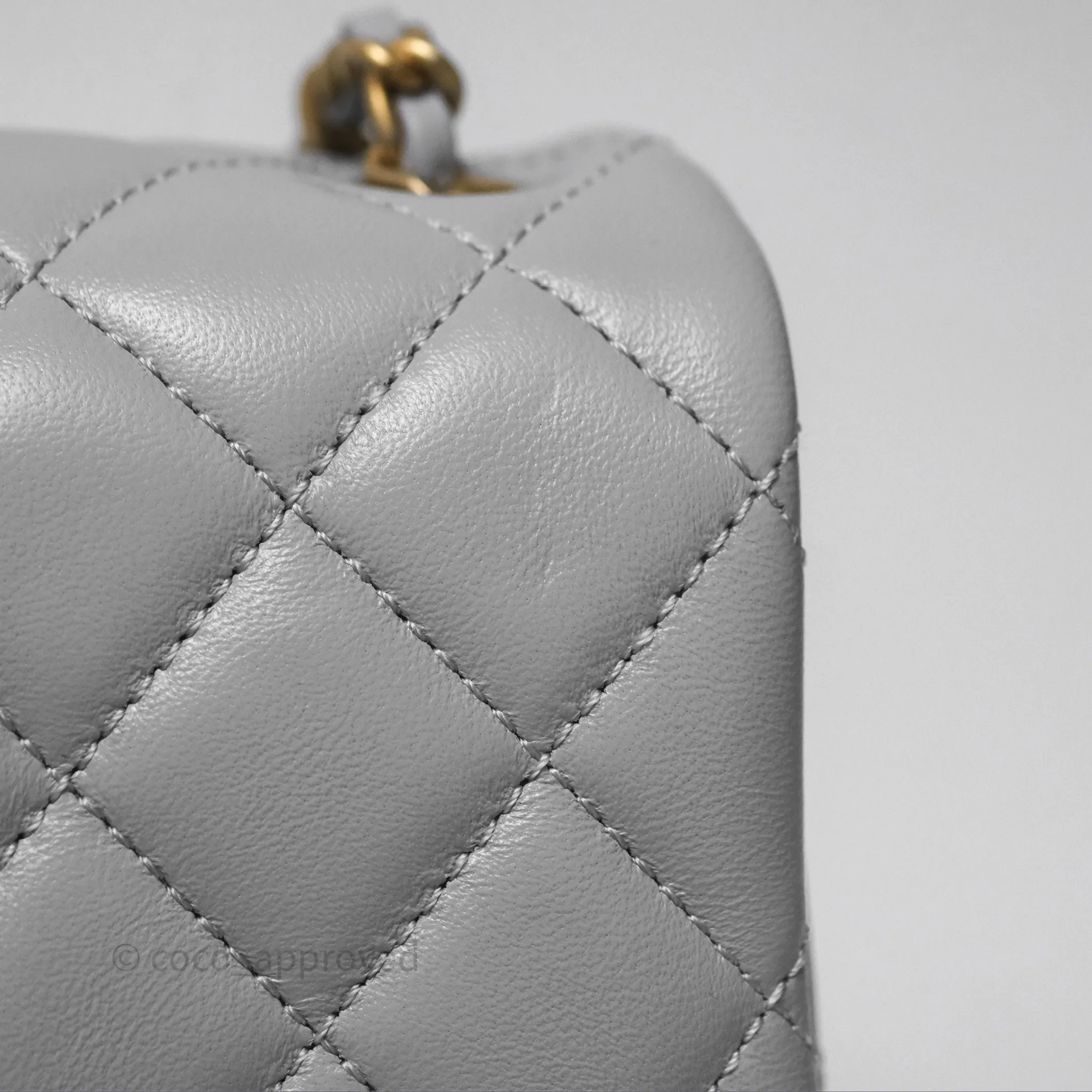 Chanel Mini Square Pearl Crush Quilted Grey Lambskin Aged Gold Hardware
