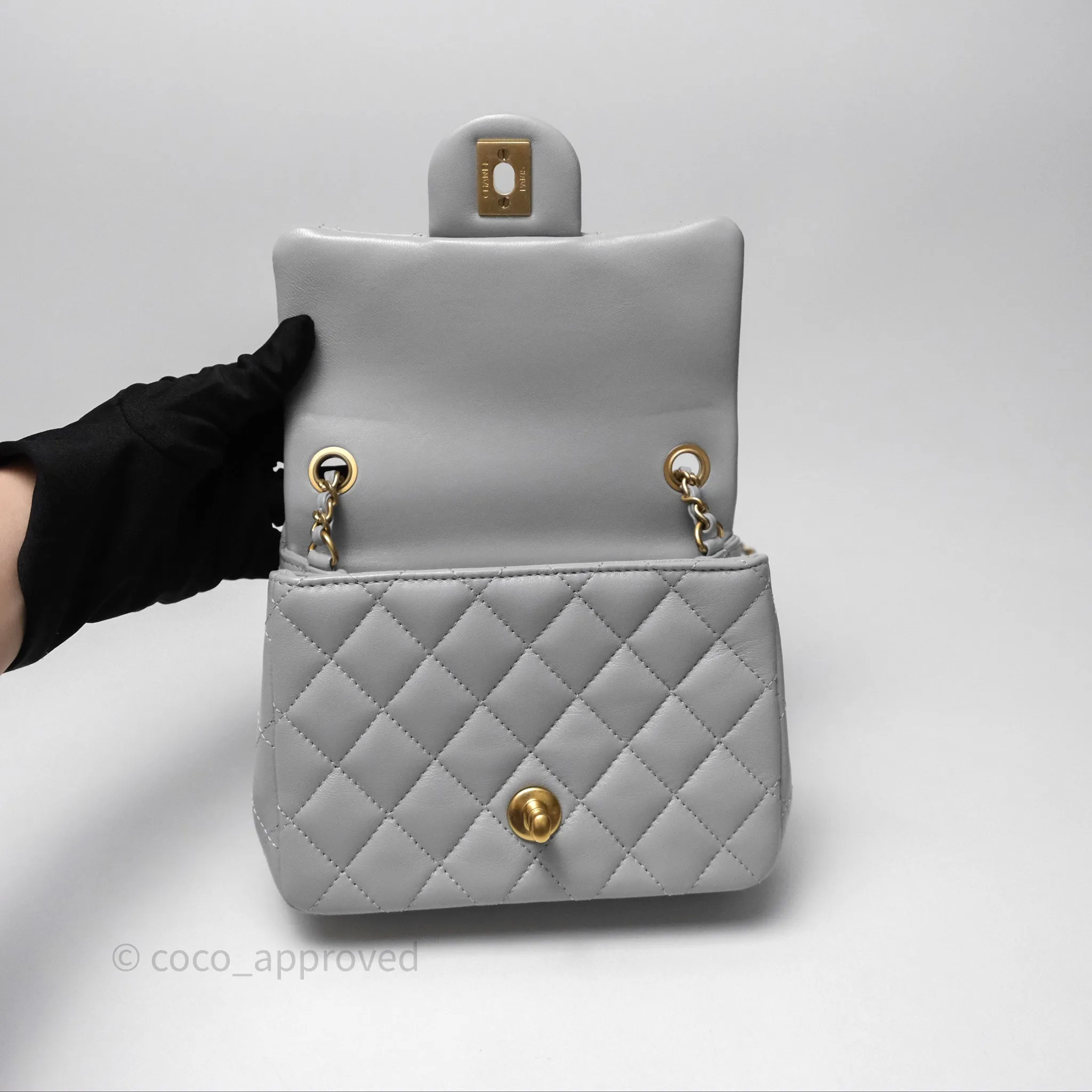 Chanel Mini Square Pearl Crush Quilted Grey Lambskin Aged Gold Hardware