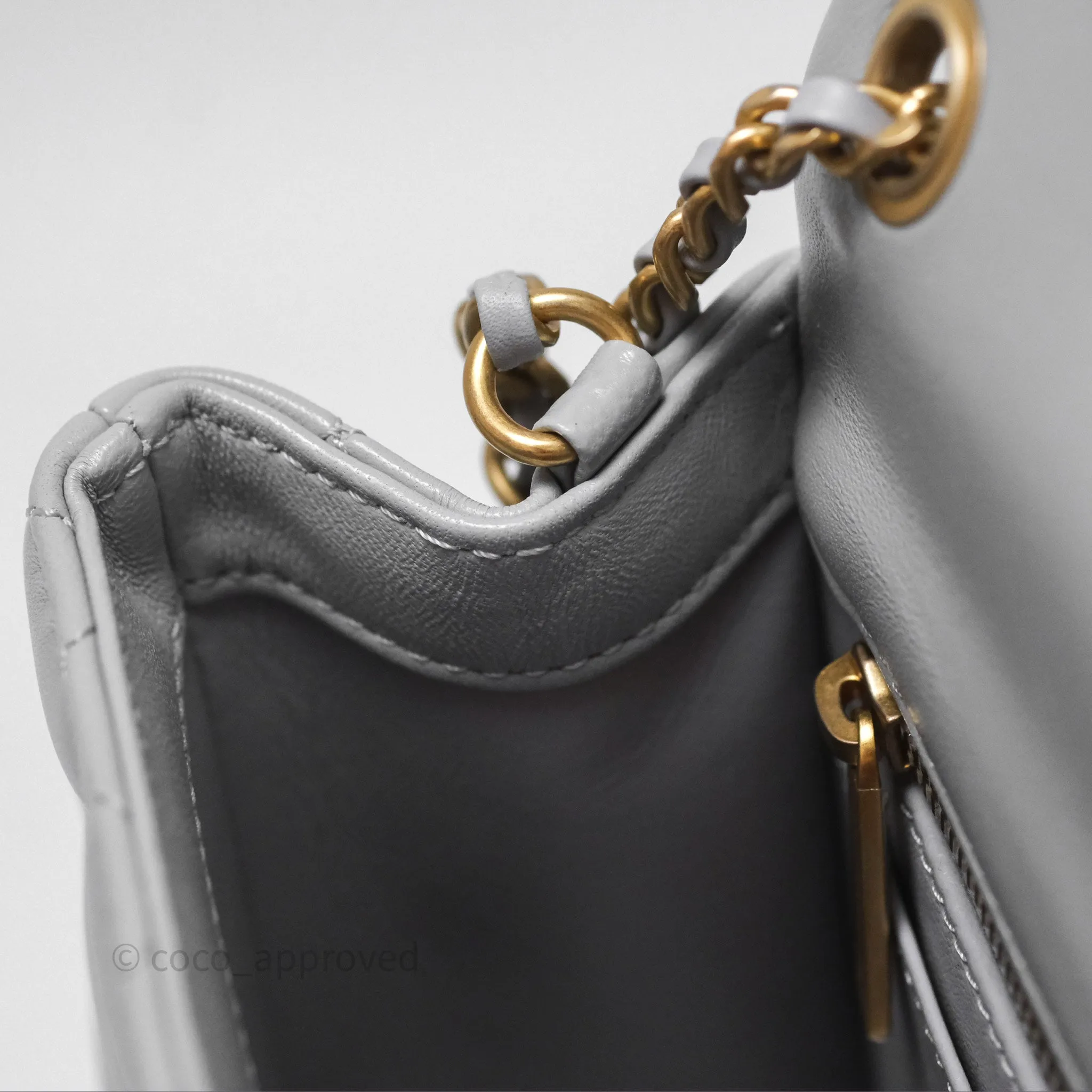 Chanel Mini Square Pearl Crush Quilted Grey Lambskin Aged Gold Hardware