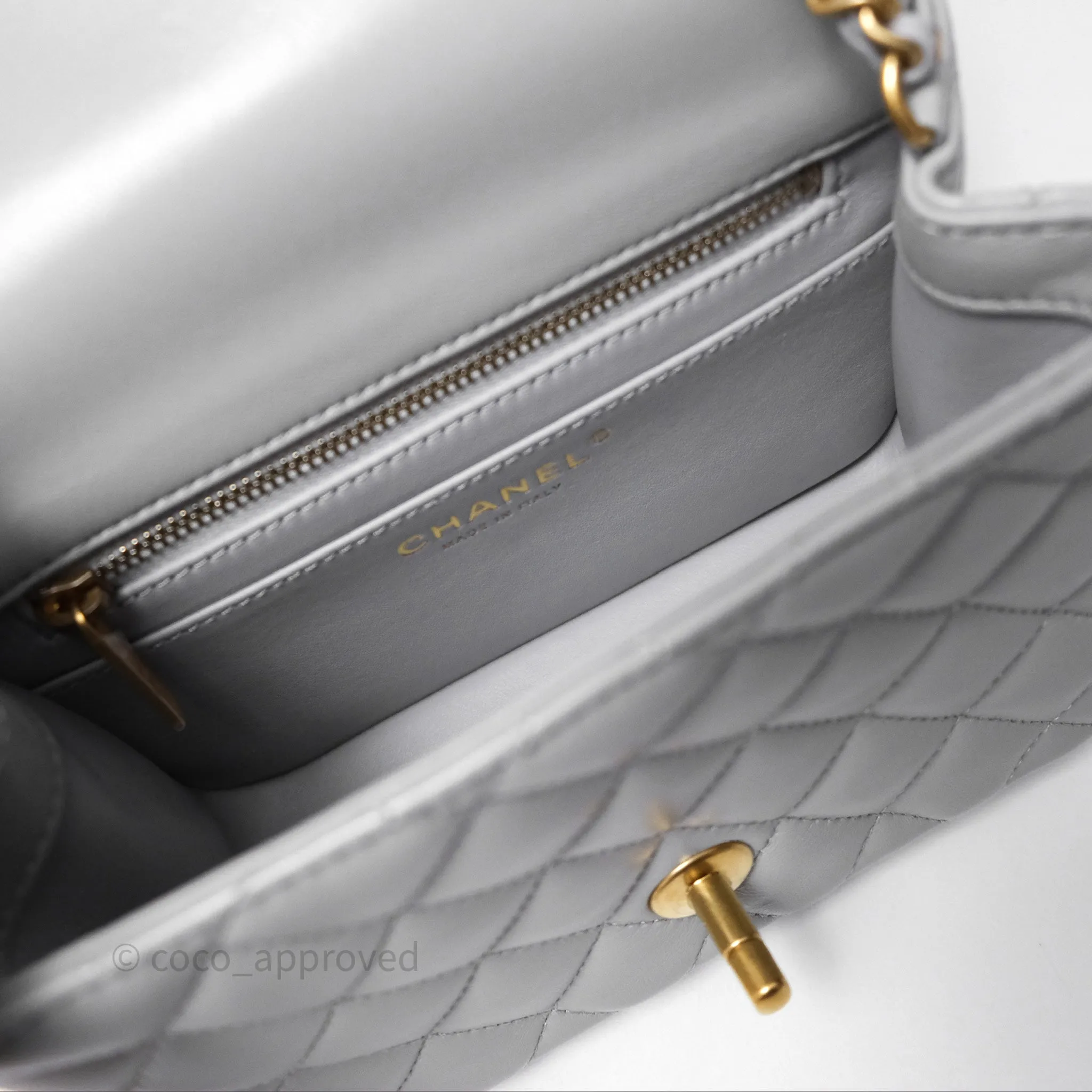 Chanel Mini Square Pearl Crush Quilted Grey Lambskin Aged Gold Hardware