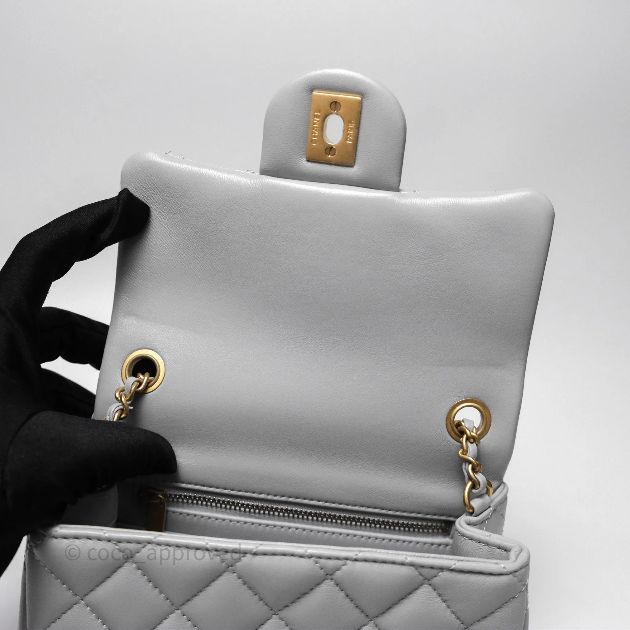 Chanel Mini Square Pearl Crush Quilted Grey Lambskin Aged Gold Hardware