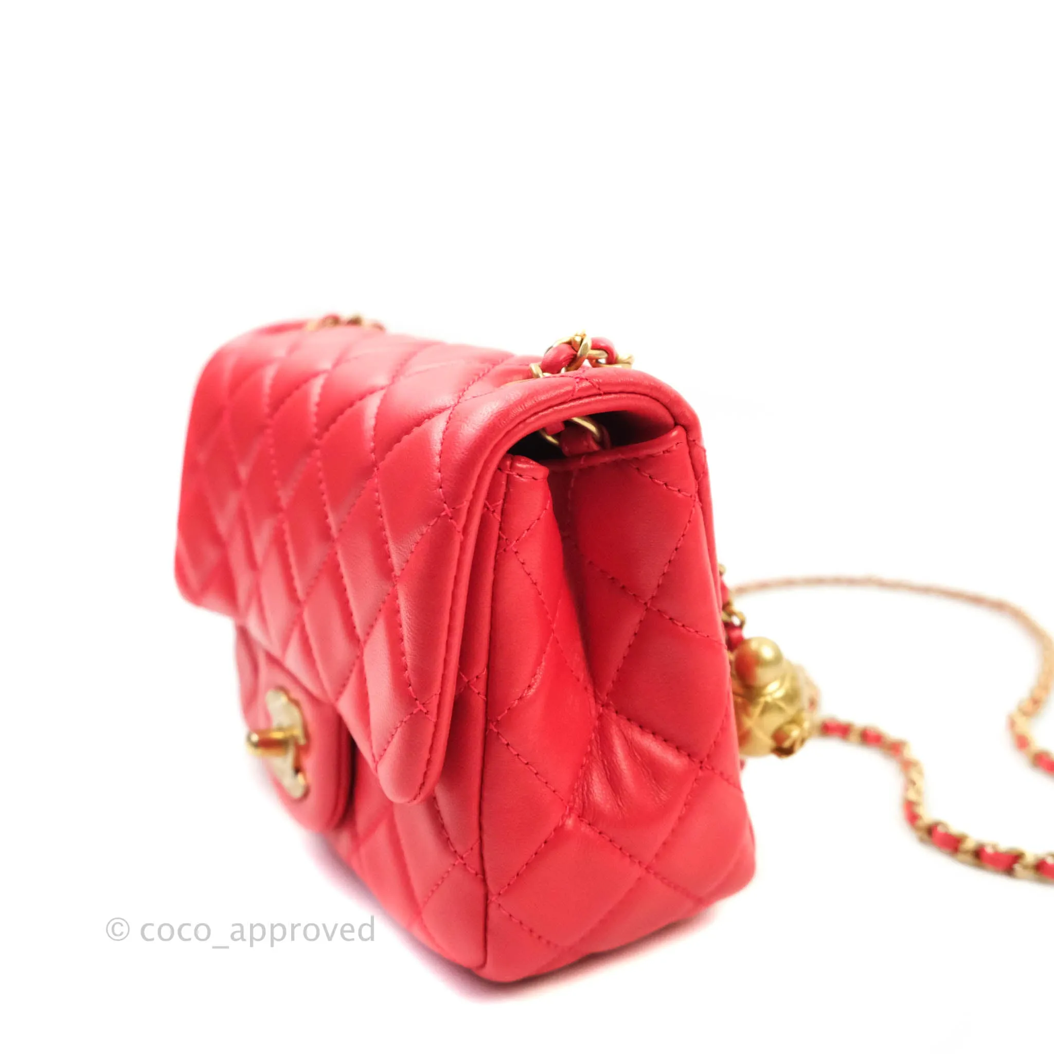 Chanel Mini Square Pearl Crush Quilted Red Lambskin Aged Gold Hardware