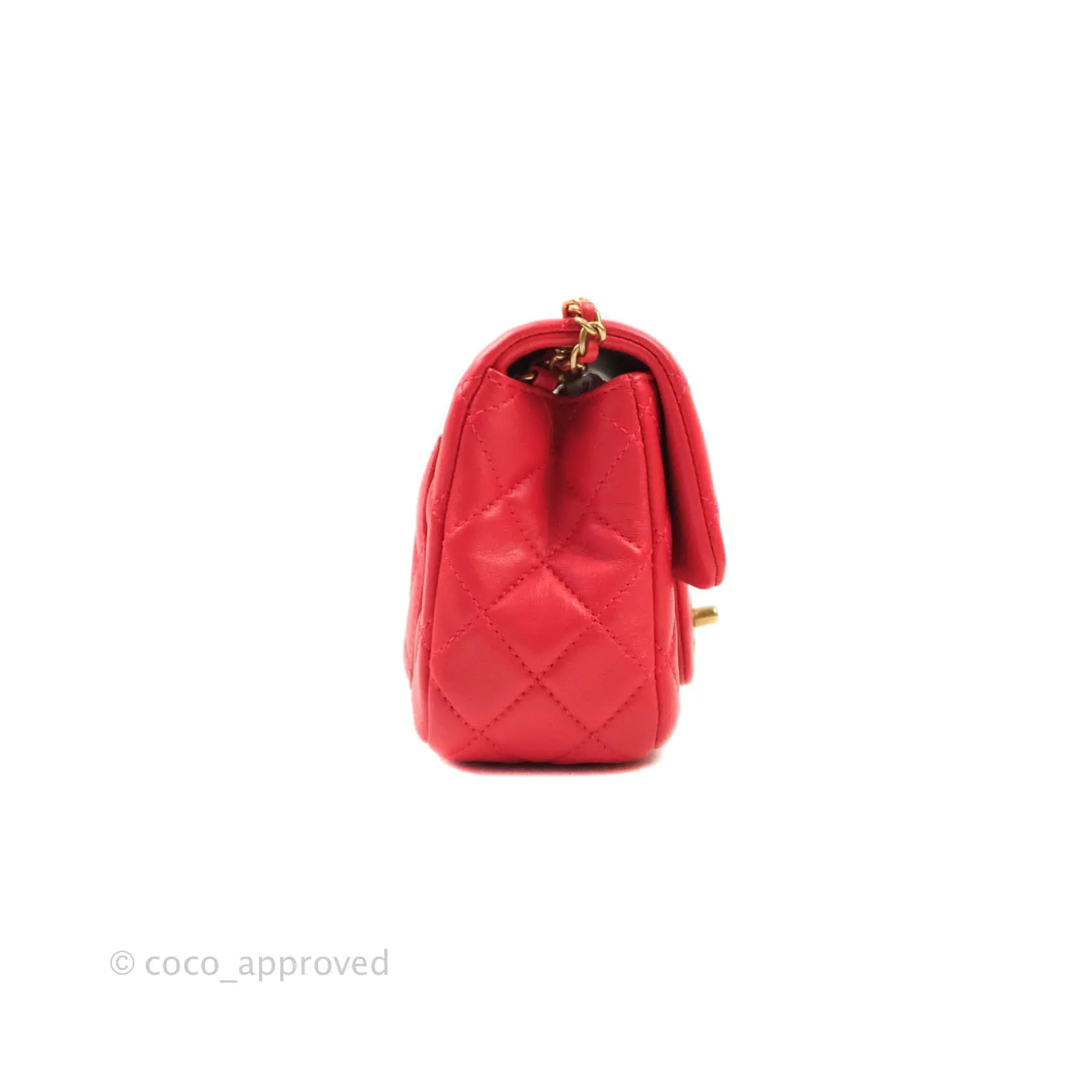 Chanel Mini Square Pearl Crush Quilted Red Lambskin Aged Gold Hardware