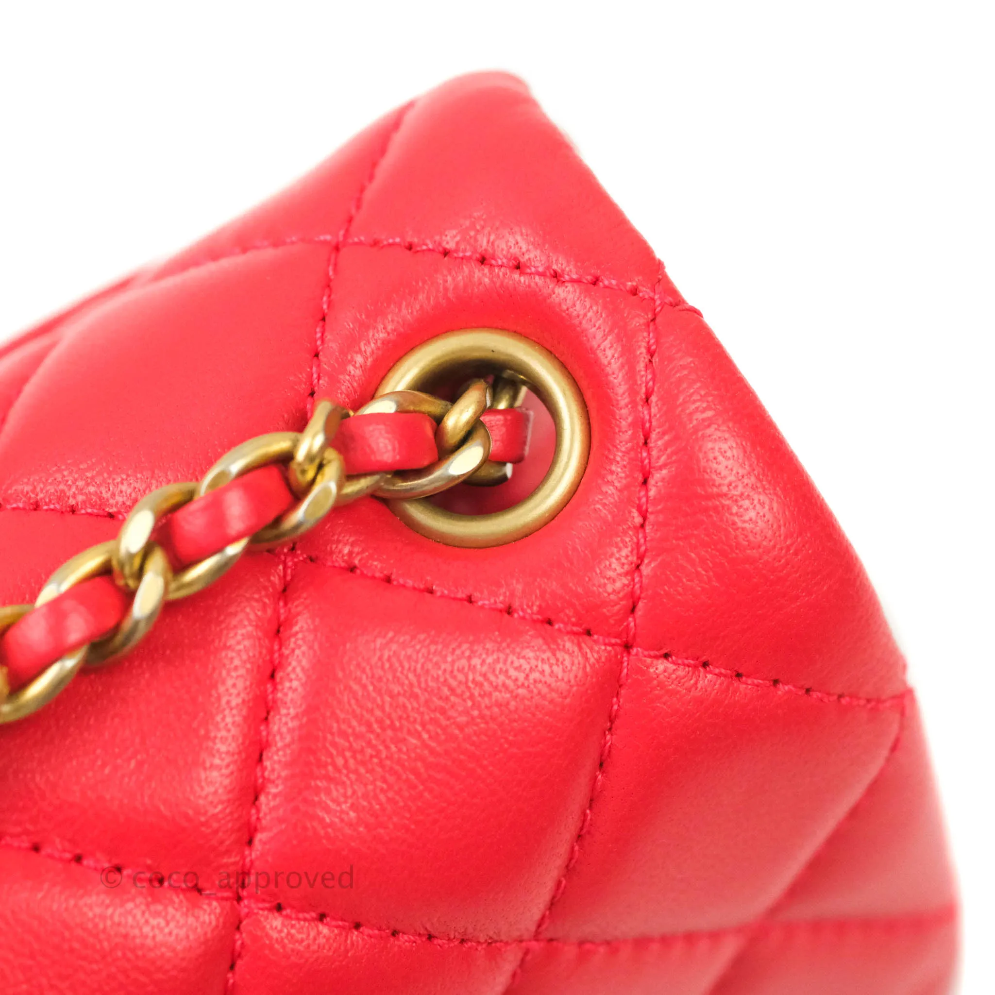 Chanel Mini Square Pearl Crush Quilted Red Lambskin Aged Gold Hardware