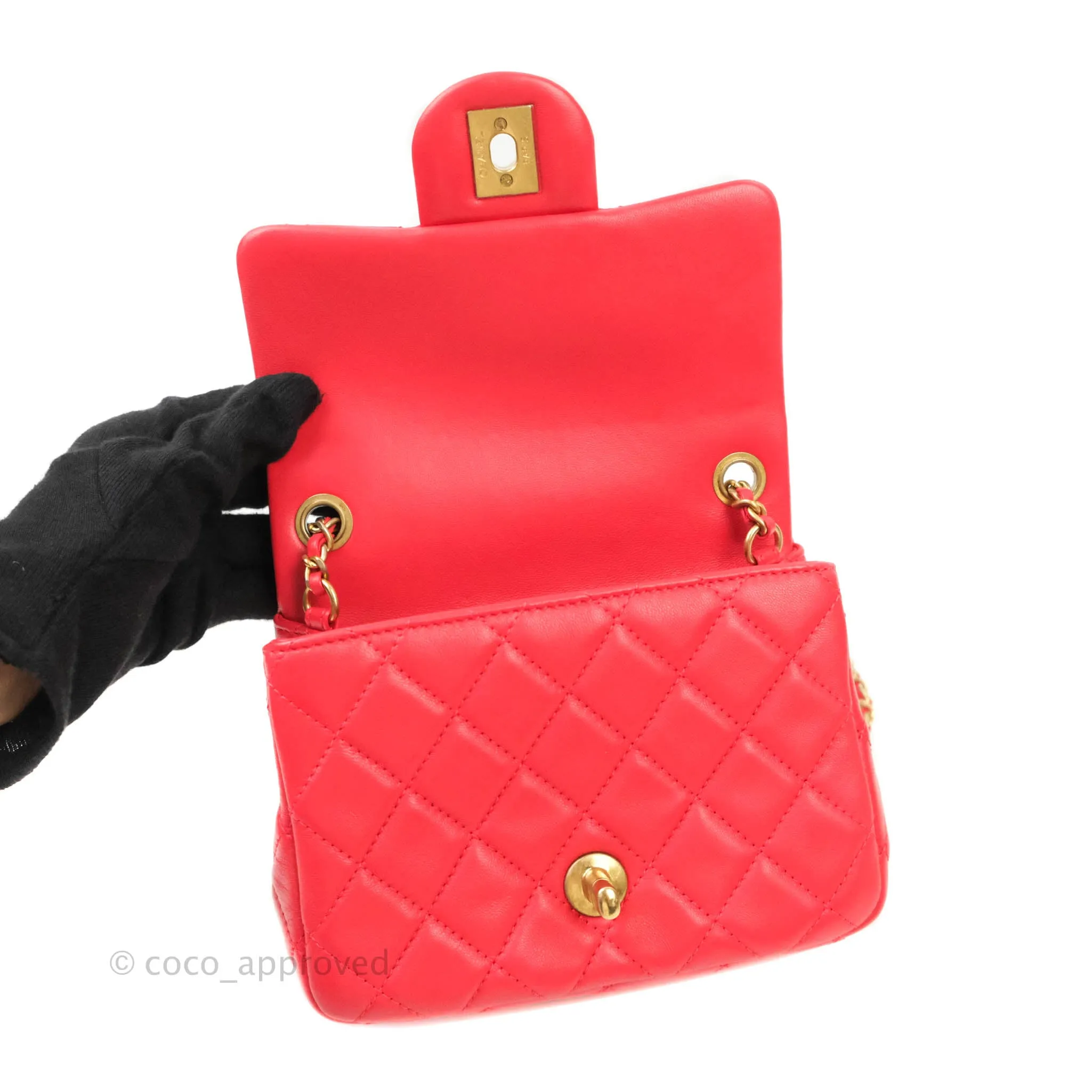 Chanel Mini Square Pearl Crush Quilted Red Lambskin Aged Gold Hardware