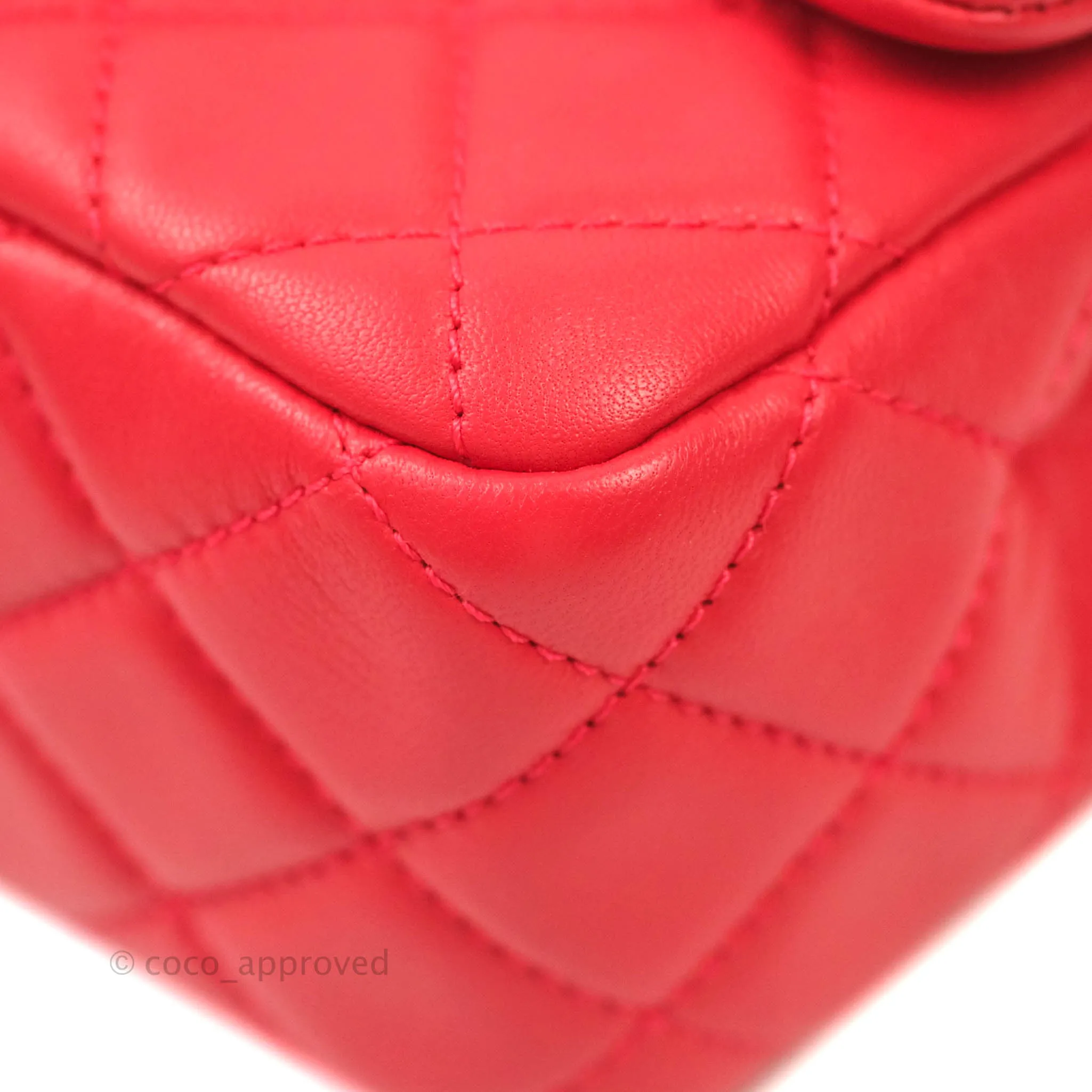 Chanel Mini Square Pearl Crush Quilted Red Lambskin Aged Gold Hardware
