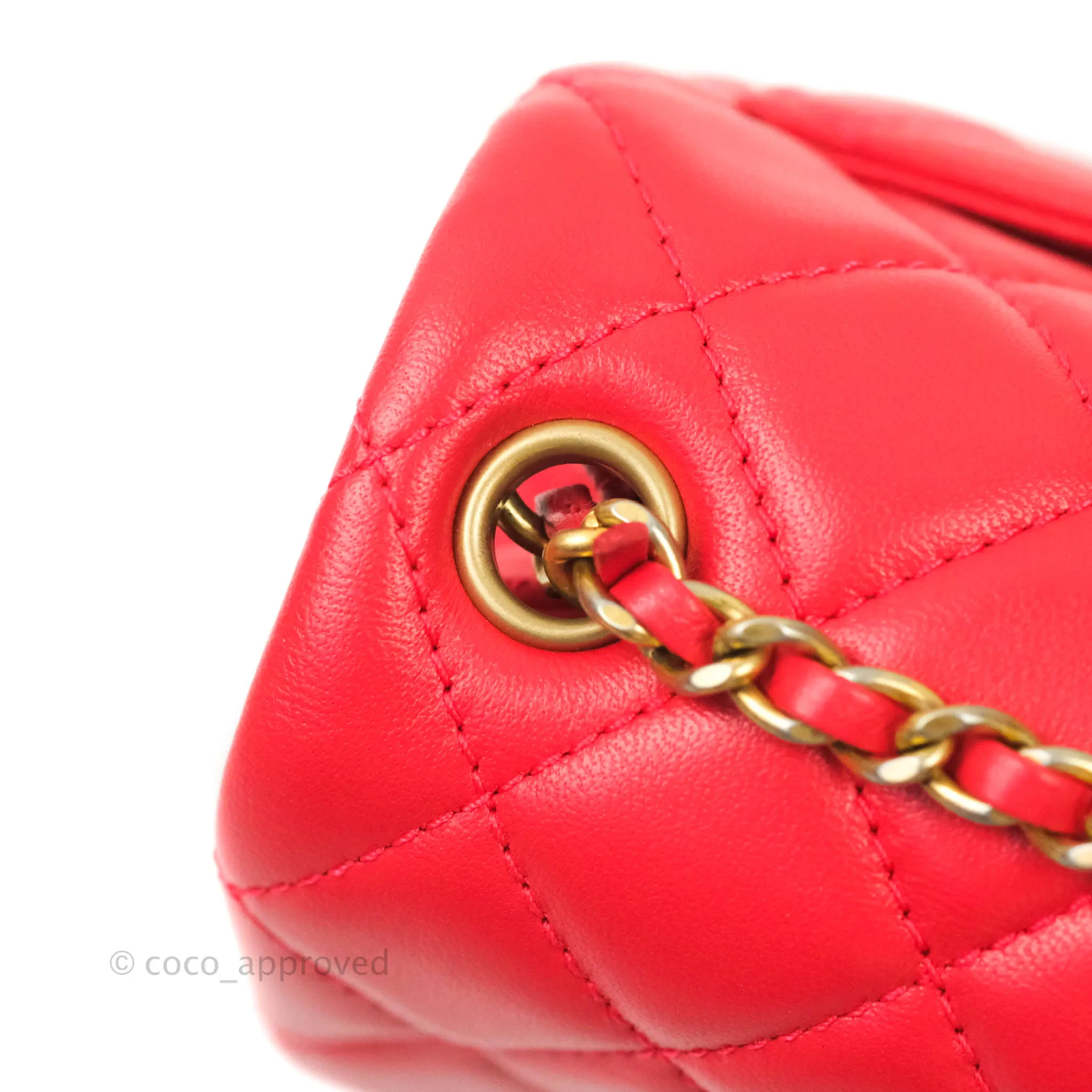 Chanel Mini Square Pearl Crush Quilted Red Lambskin Aged Gold Hardware