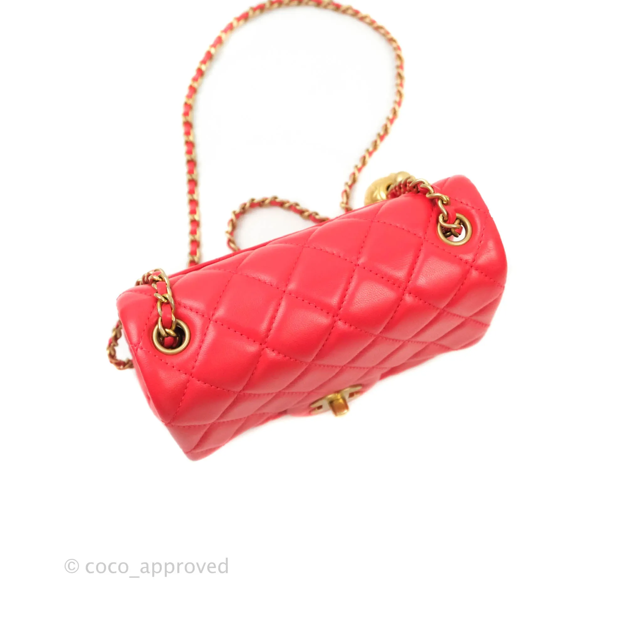 Chanel Mini Square Pearl Crush Quilted Red Lambskin Aged Gold Hardware