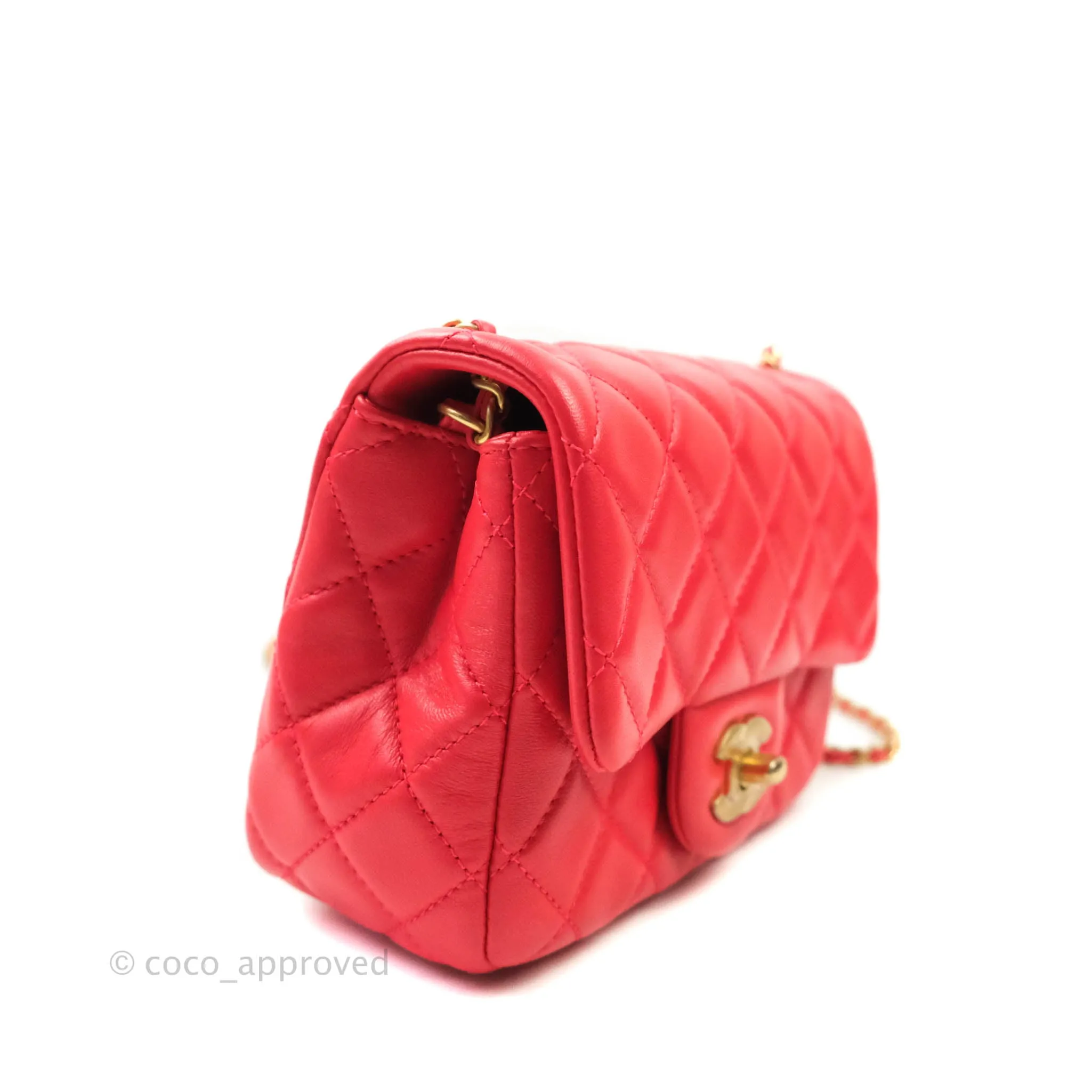 Chanel Mini Square Pearl Crush Quilted Red Lambskin Aged Gold Hardware