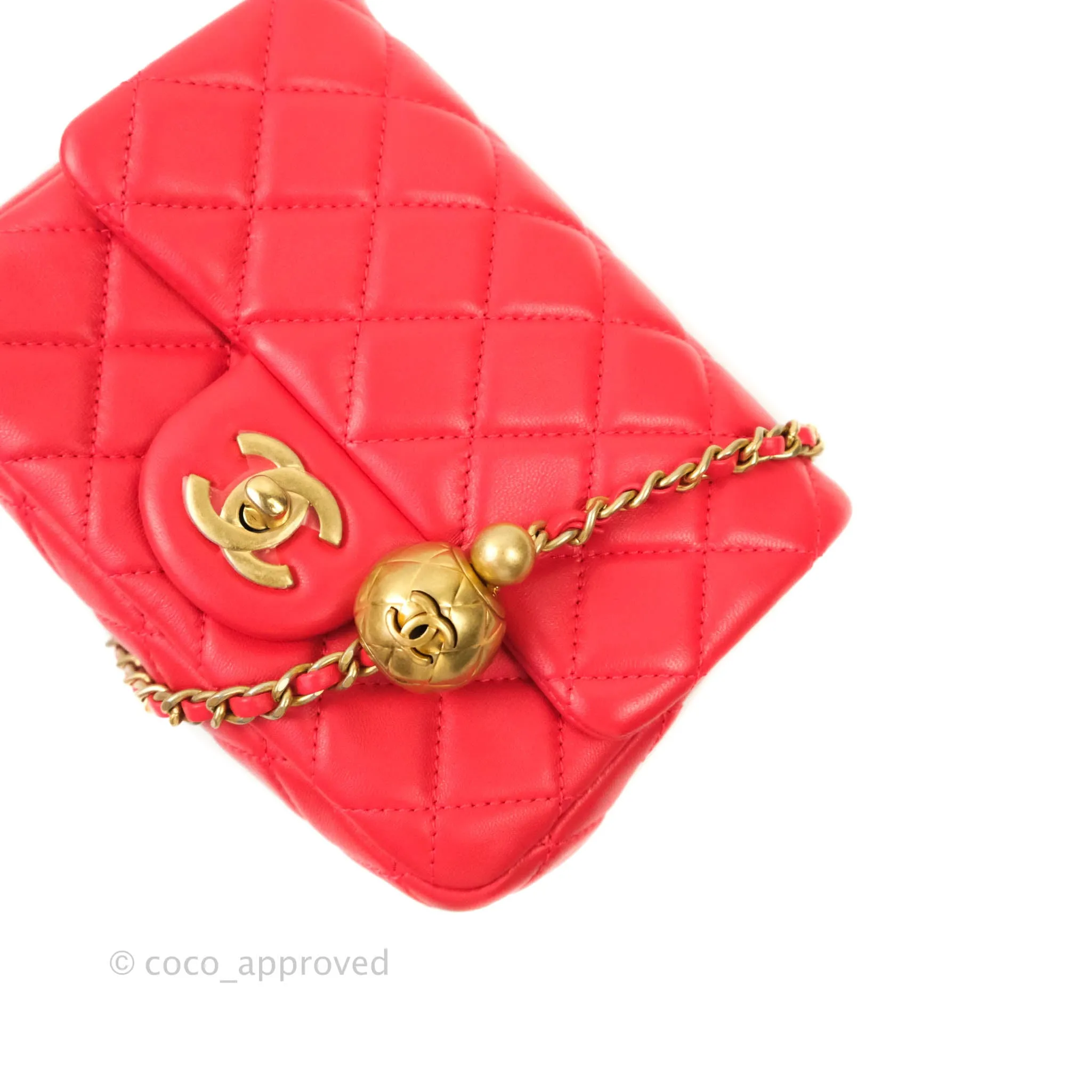 Chanel Mini Square Pearl Crush Quilted Red Lambskin Aged Gold Hardware