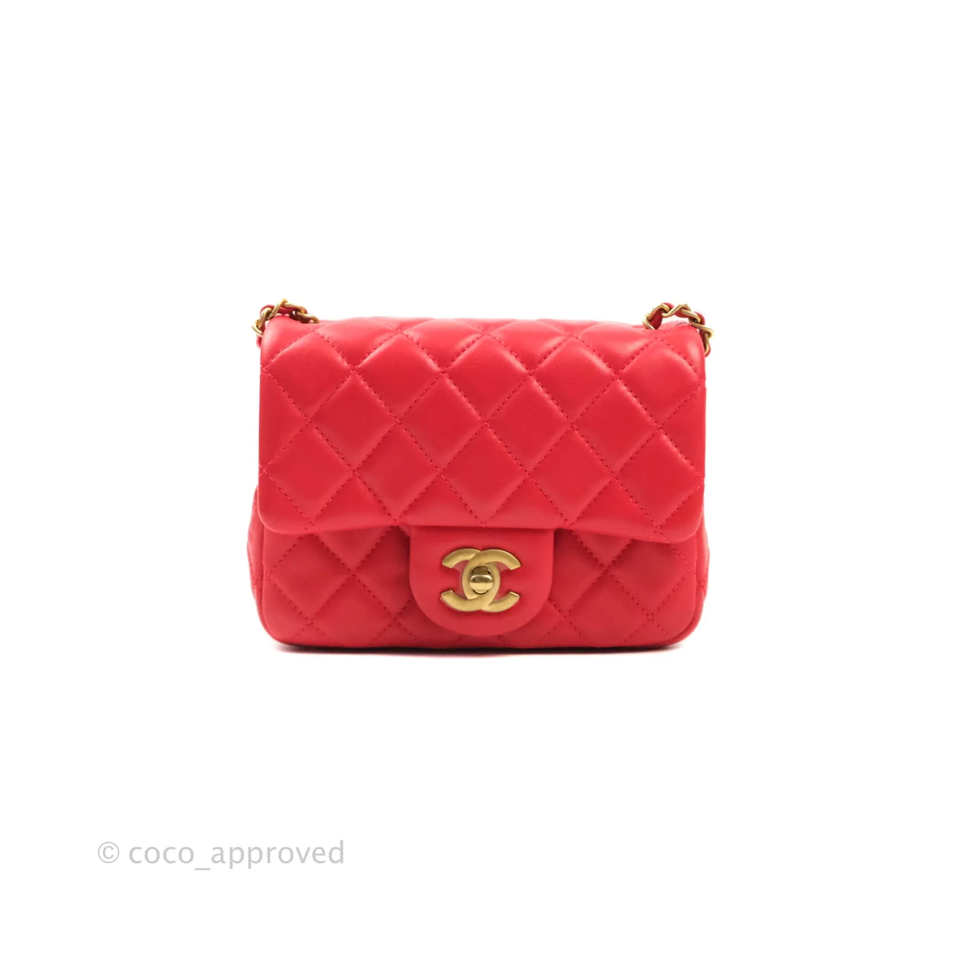 Chanel Mini Square Pearl Crush Quilted Red Lambskin Aged Gold Hardware