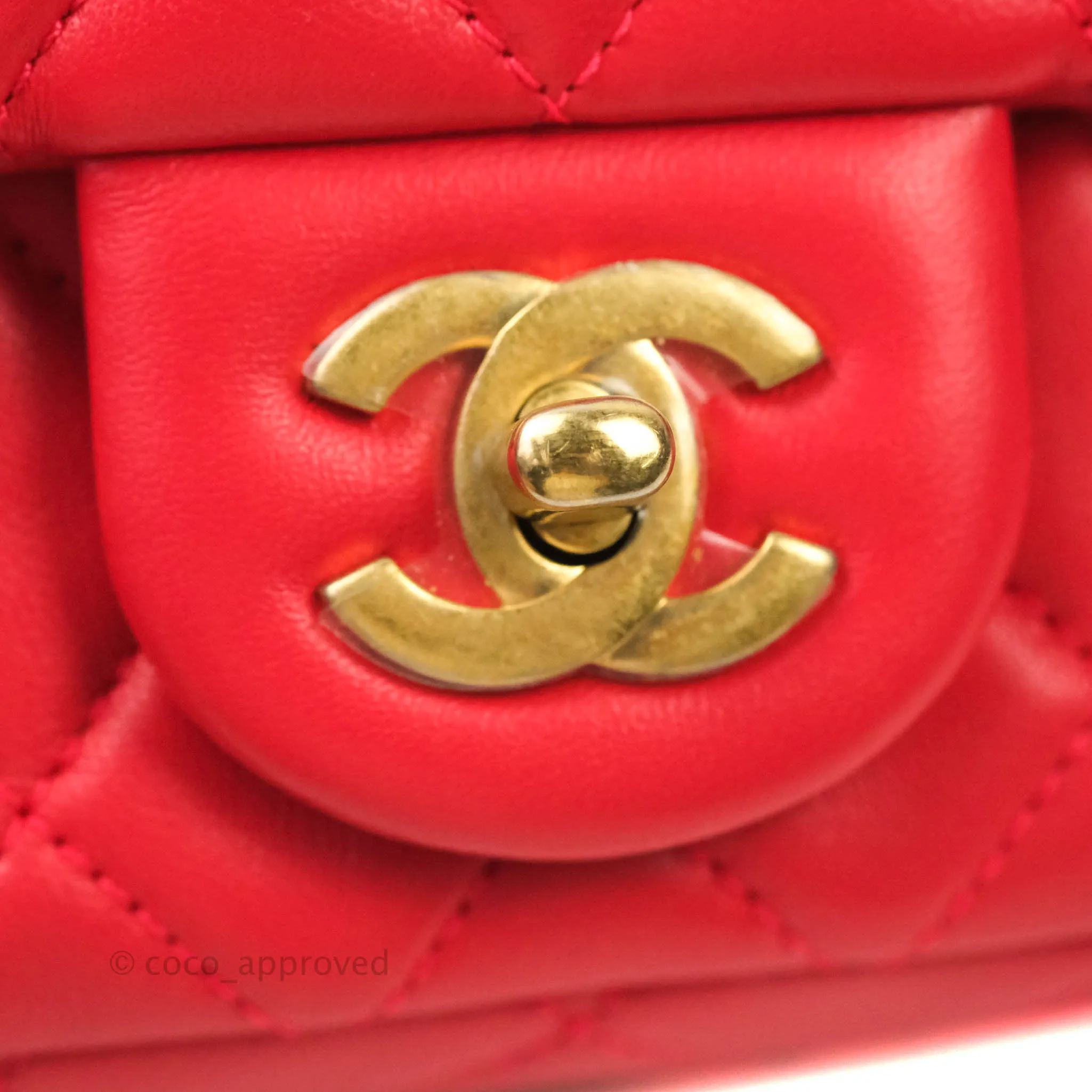 Chanel Mini Square Pearl Crush Quilted Red Lambskin Aged Gold Hardware
