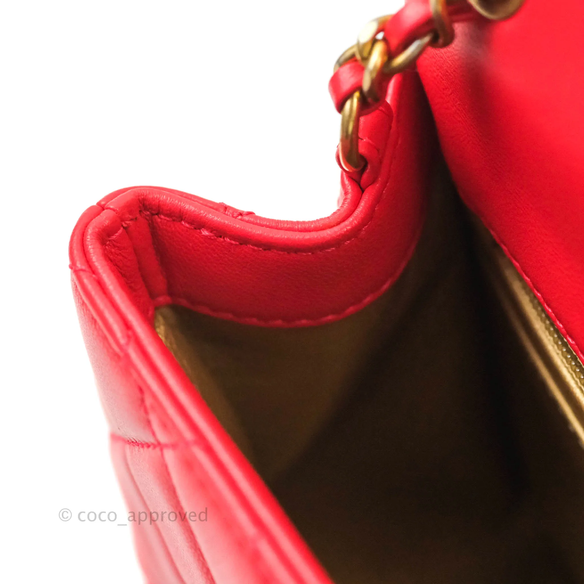 Chanel Mini Square Pearl Crush Quilted Red Lambskin Aged Gold Hardware