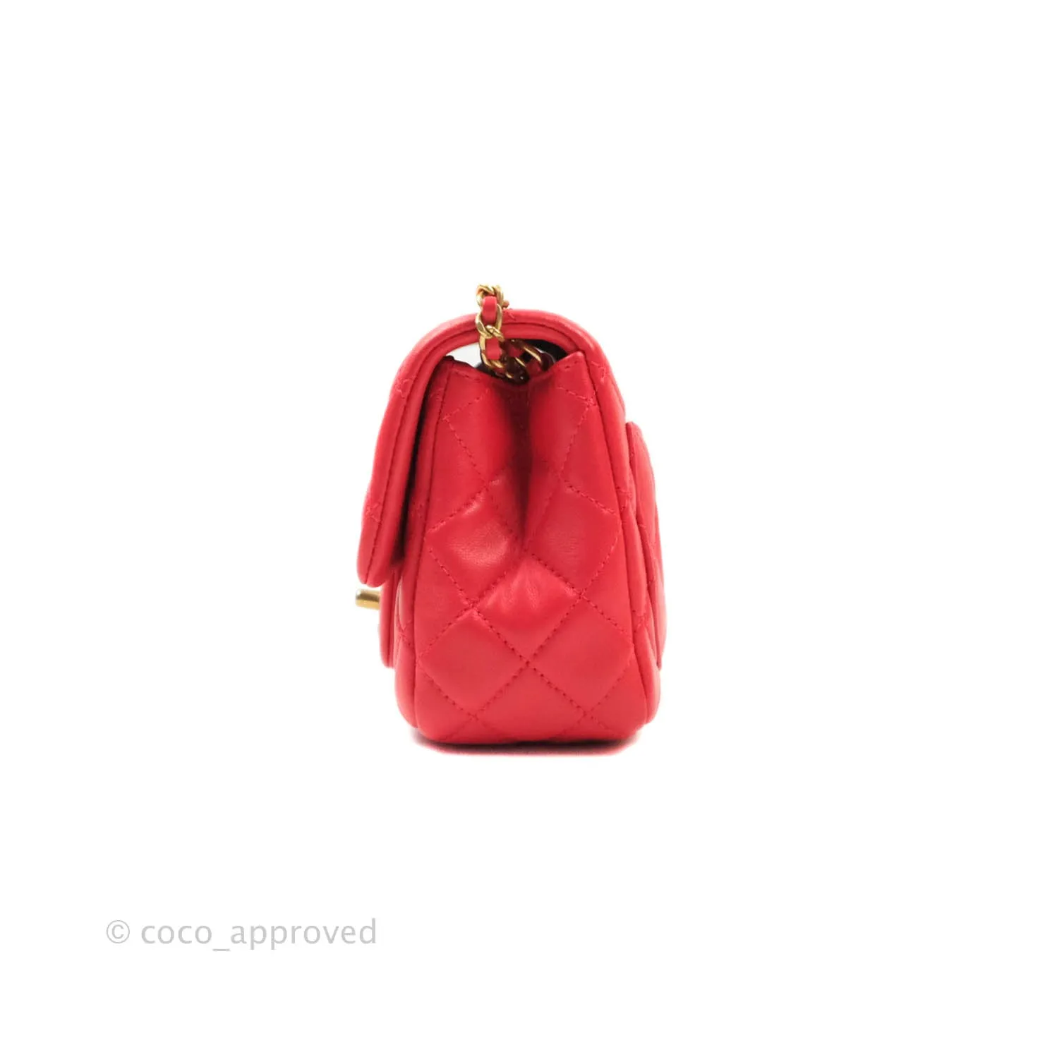 Chanel Mini Square Pearl Crush Quilted Red Lambskin Aged Gold Hardware