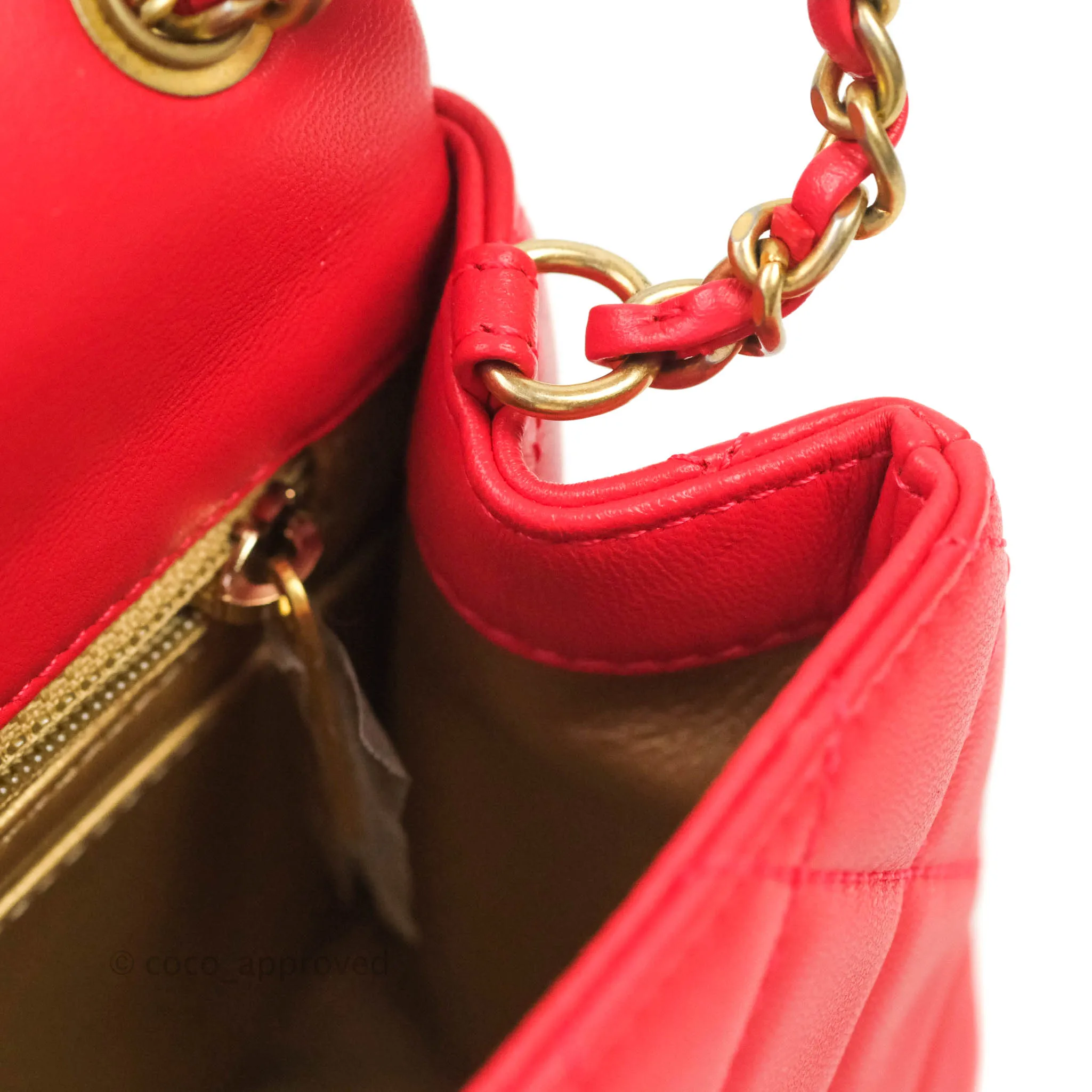 Chanel Mini Square Pearl Crush Quilted Red Lambskin Aged Gold Hardware