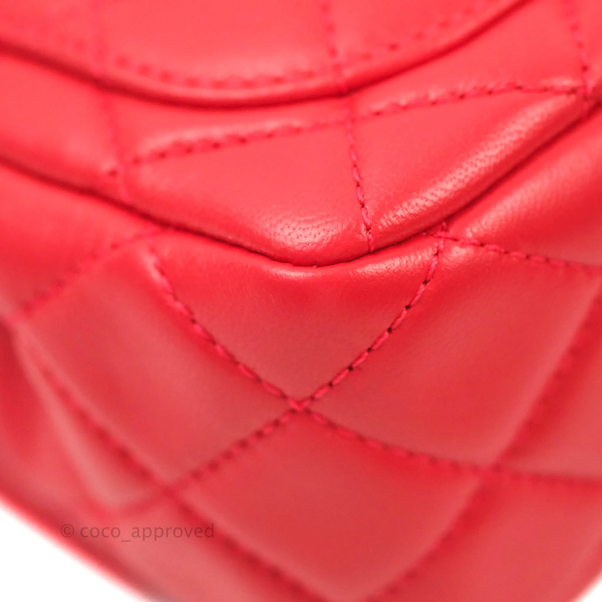 Chanel Mini Square Pearl Crush Quilted Red Lambskin Aged Gold Hardware