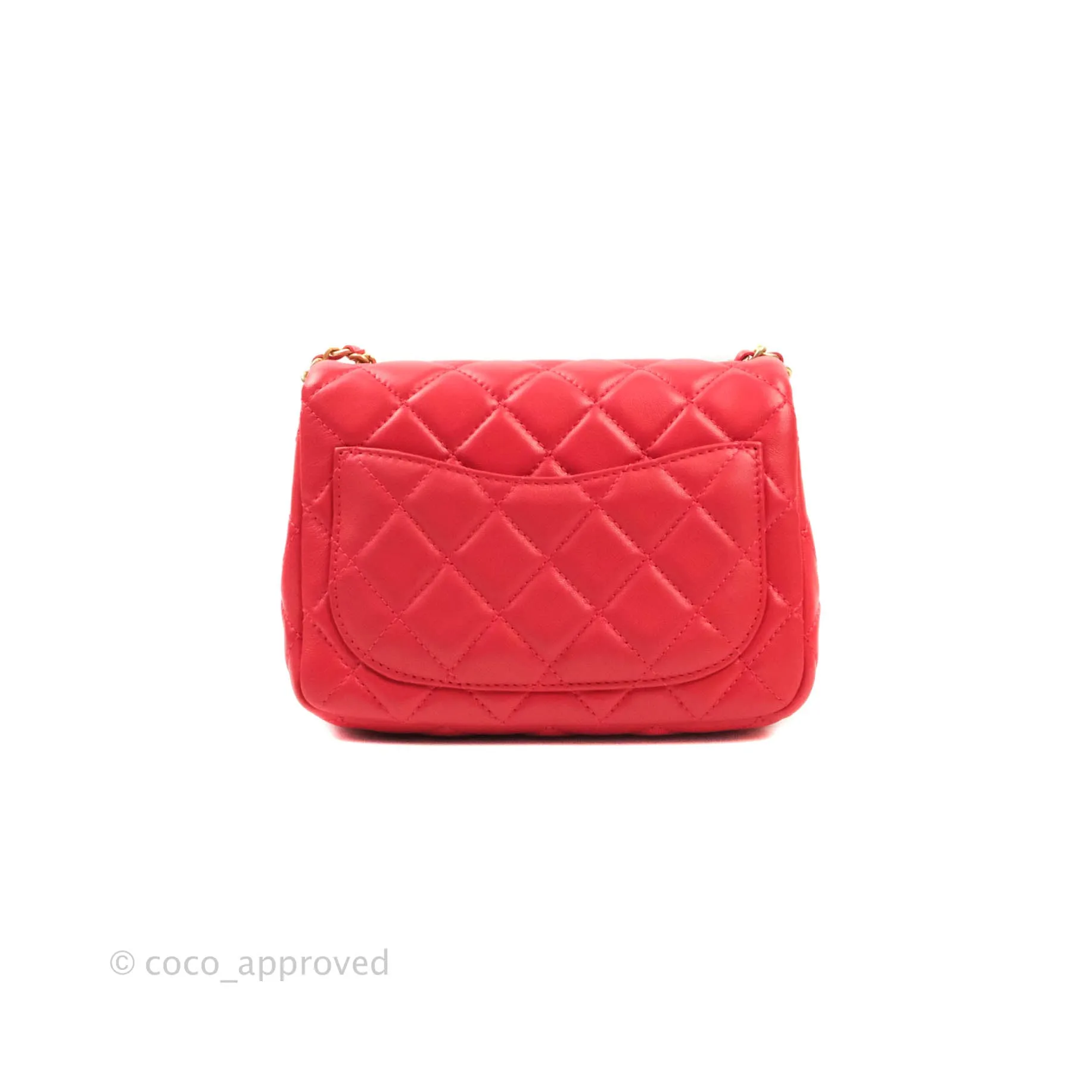 Chanel Mini Square Pearl Crush Quilted Red Lambskin Aged Gold Hardware