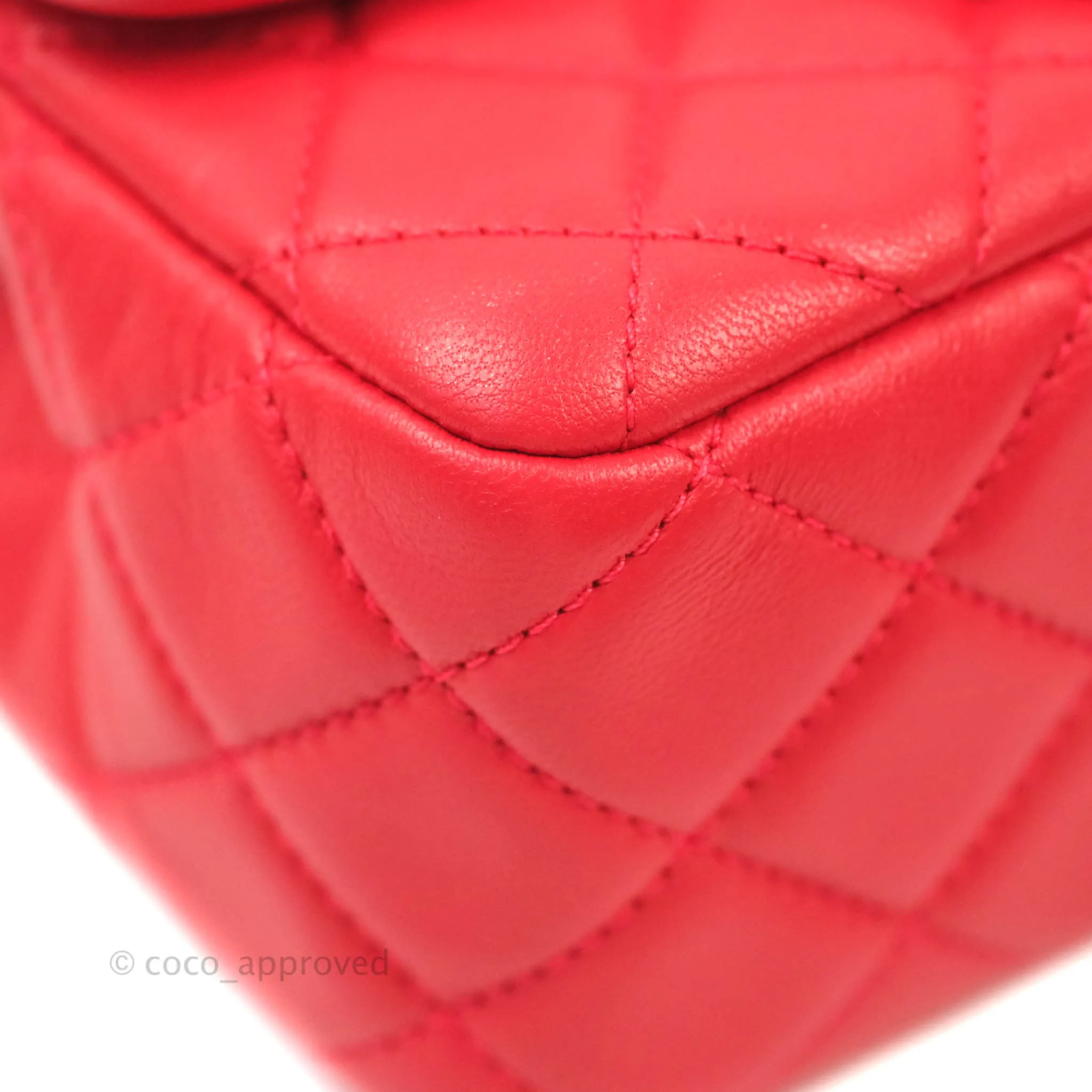 Chanel Mini Square Pearl Crush Quilted Red Lambskin Aged Gold Hardware