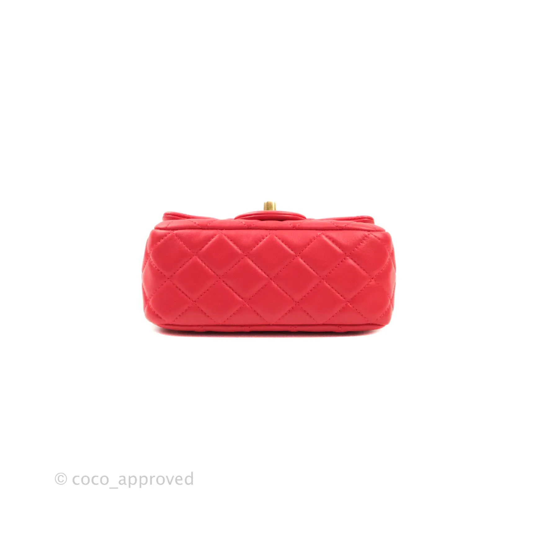 Chanel Mini Square Pearl Crush Quilted Red Lambskin Aged Gold Hardware
