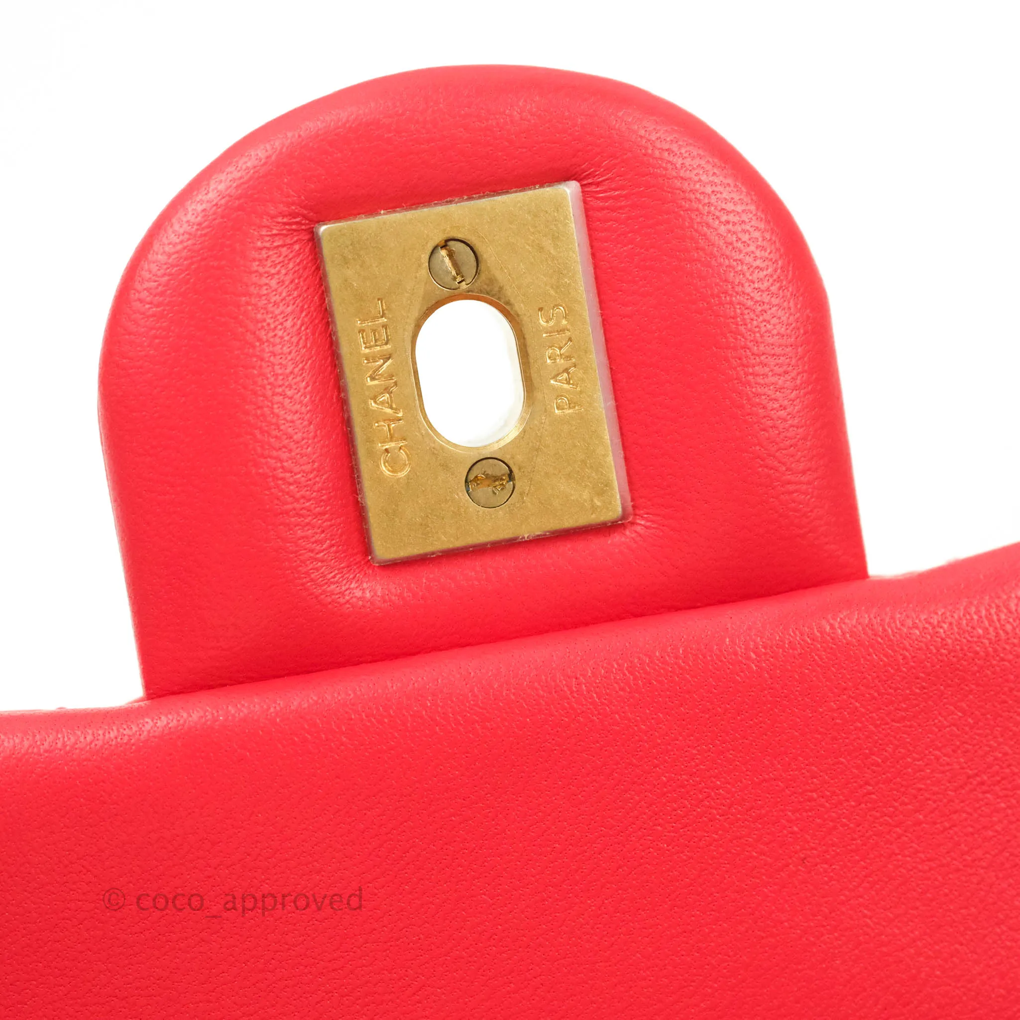 Chanel Mini Square Pearl Crush Quilted Red Lambskin Aged Gold Hardware
